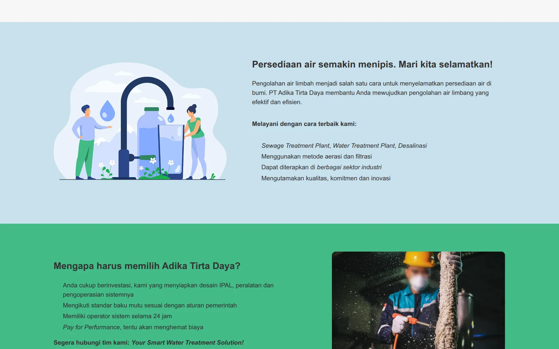Sections explaining water treatment and why to choose Adika Tirta Daya