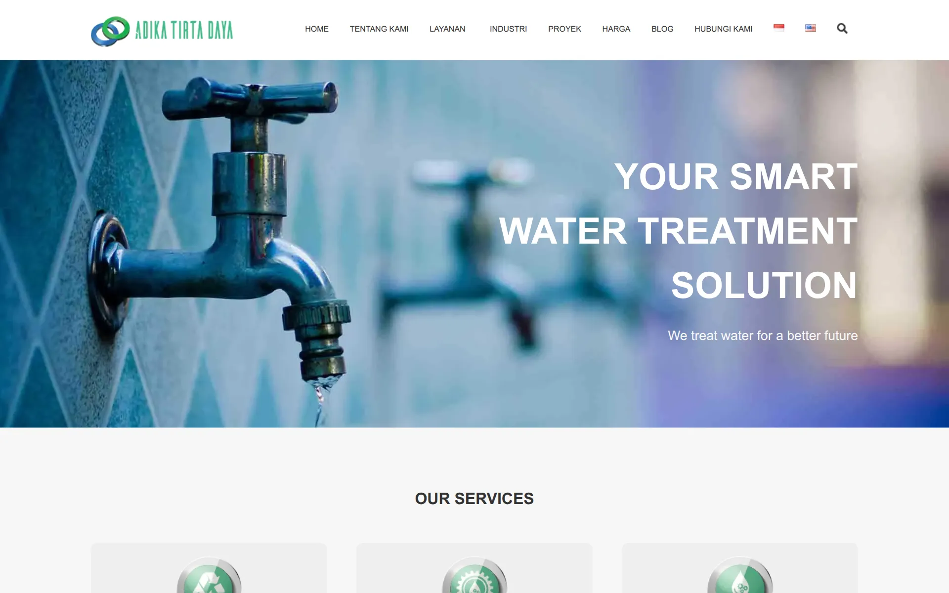 Adika Tirta Daya homepage hero with the line Your Smart Water Treatment Solution over a water tap
