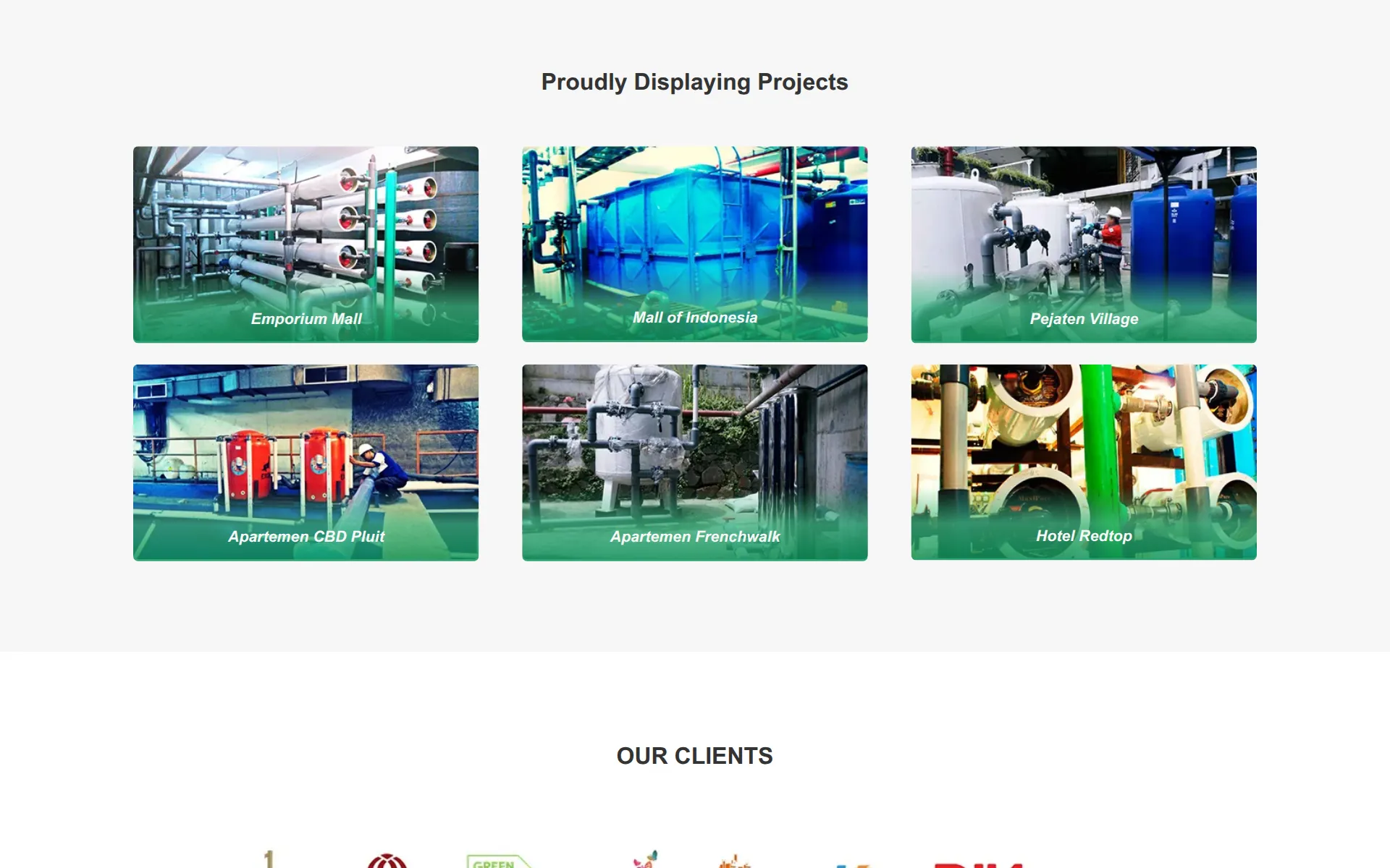 Grid of six completed treatment plant projects above the client logos