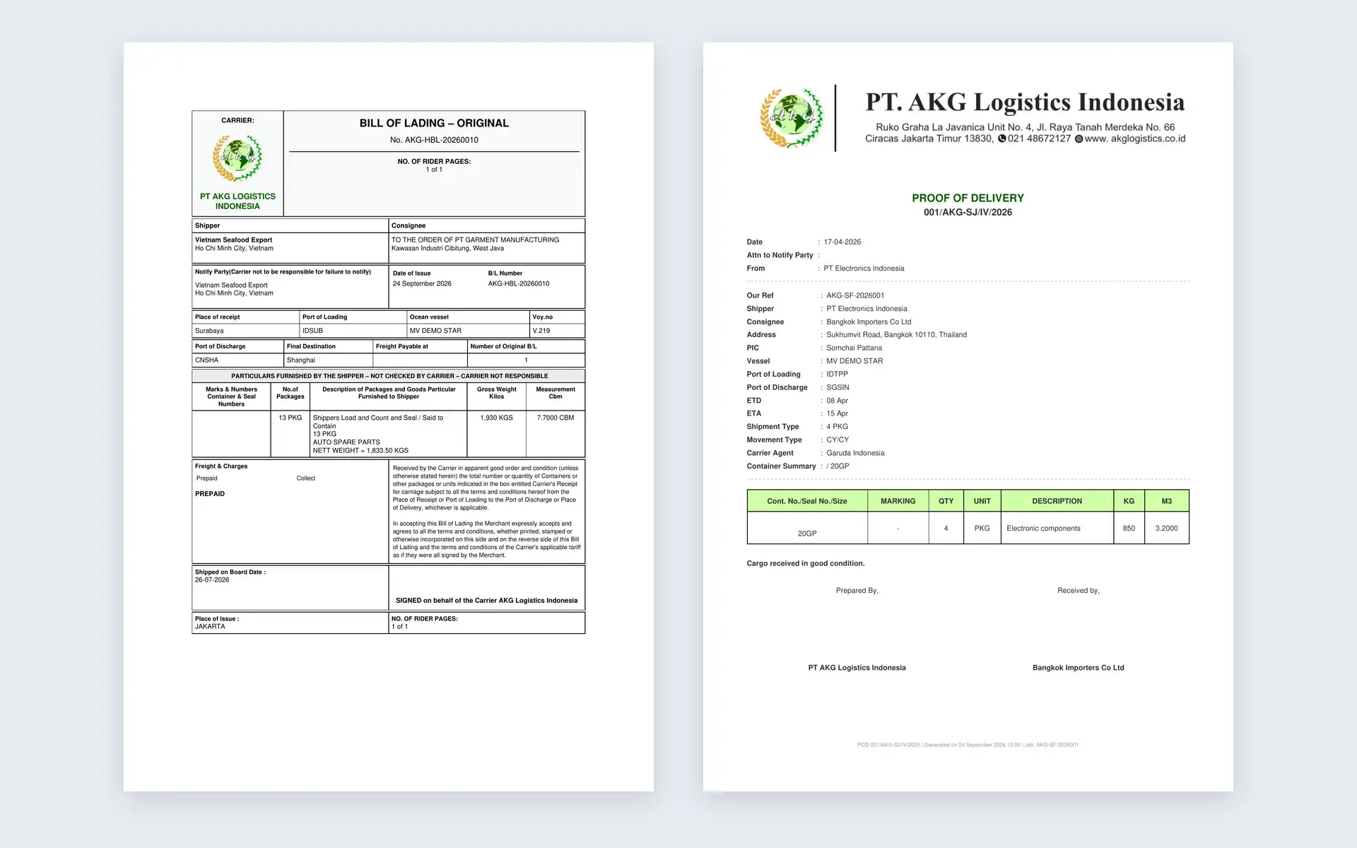 A generated house bill of lading beside a proof of delivery