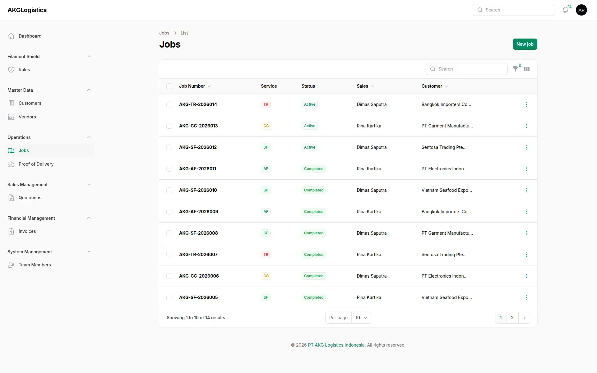 Jobs list with job numbers by service type, status, sales person, and customer