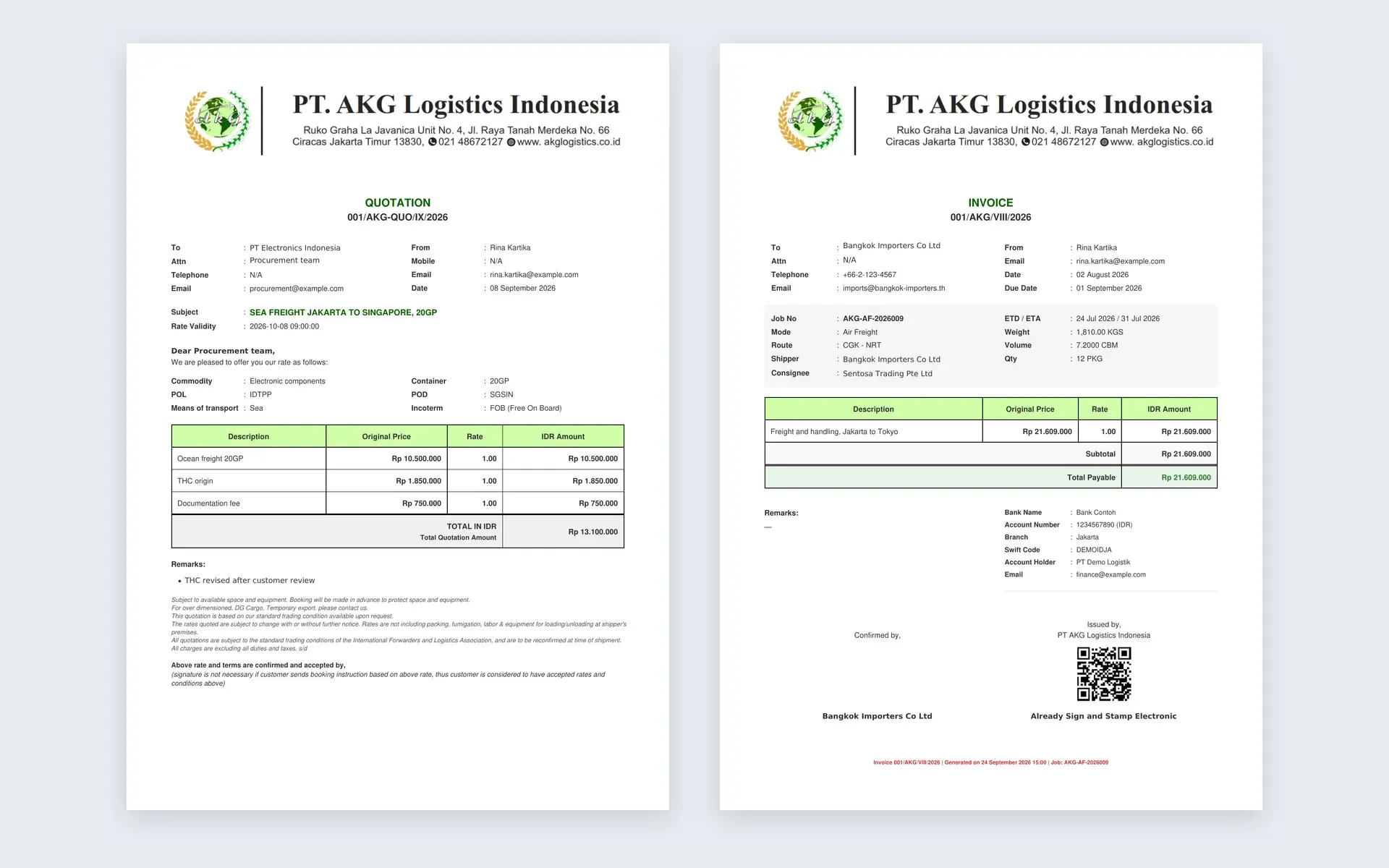 A generated quotation PDF beside a generated invoice PDF