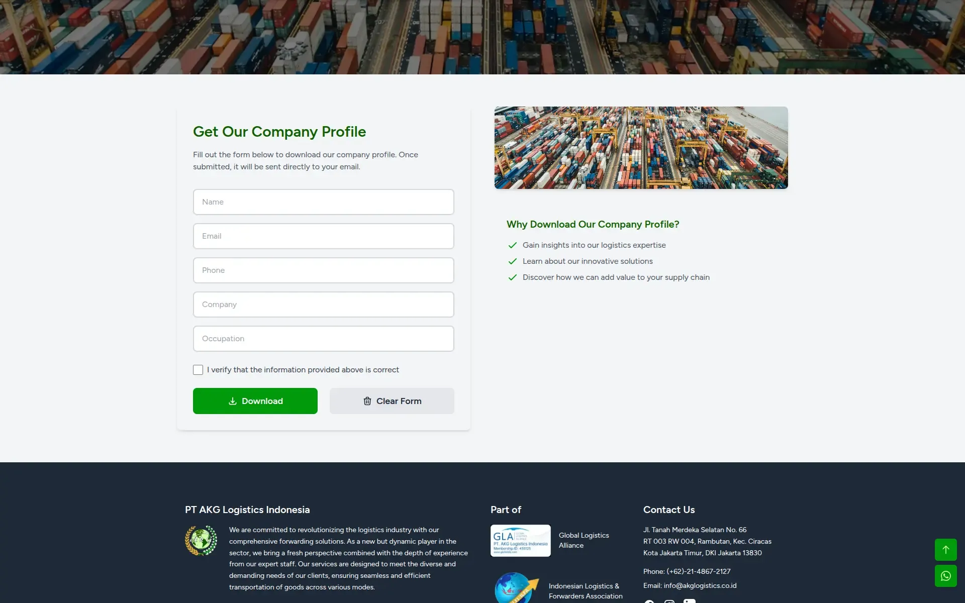 Company profile download form asking for name, email, phone, company, and occupation