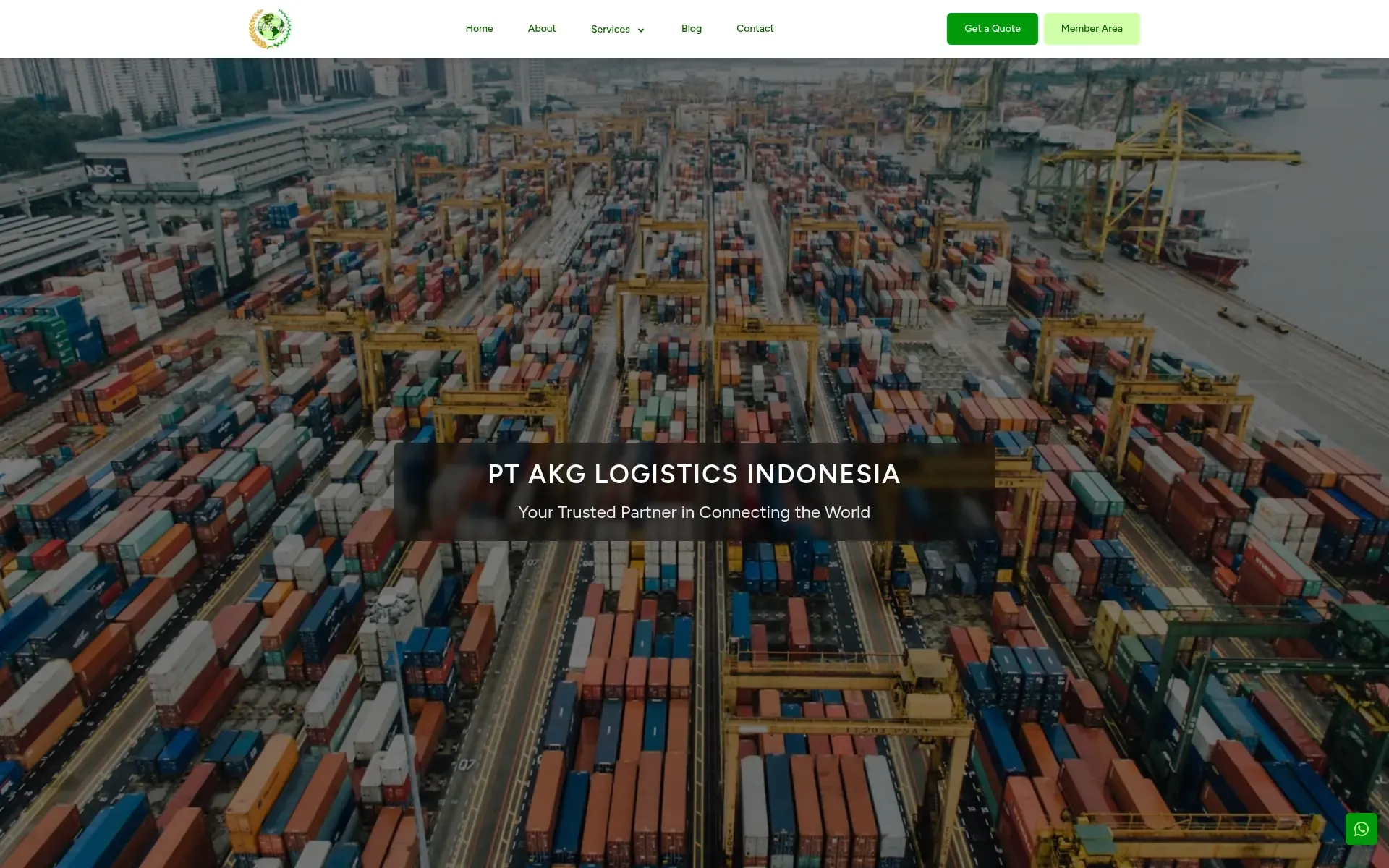 PT AKG Logistics Indonesia homepage with a port full of containers behind the company name
