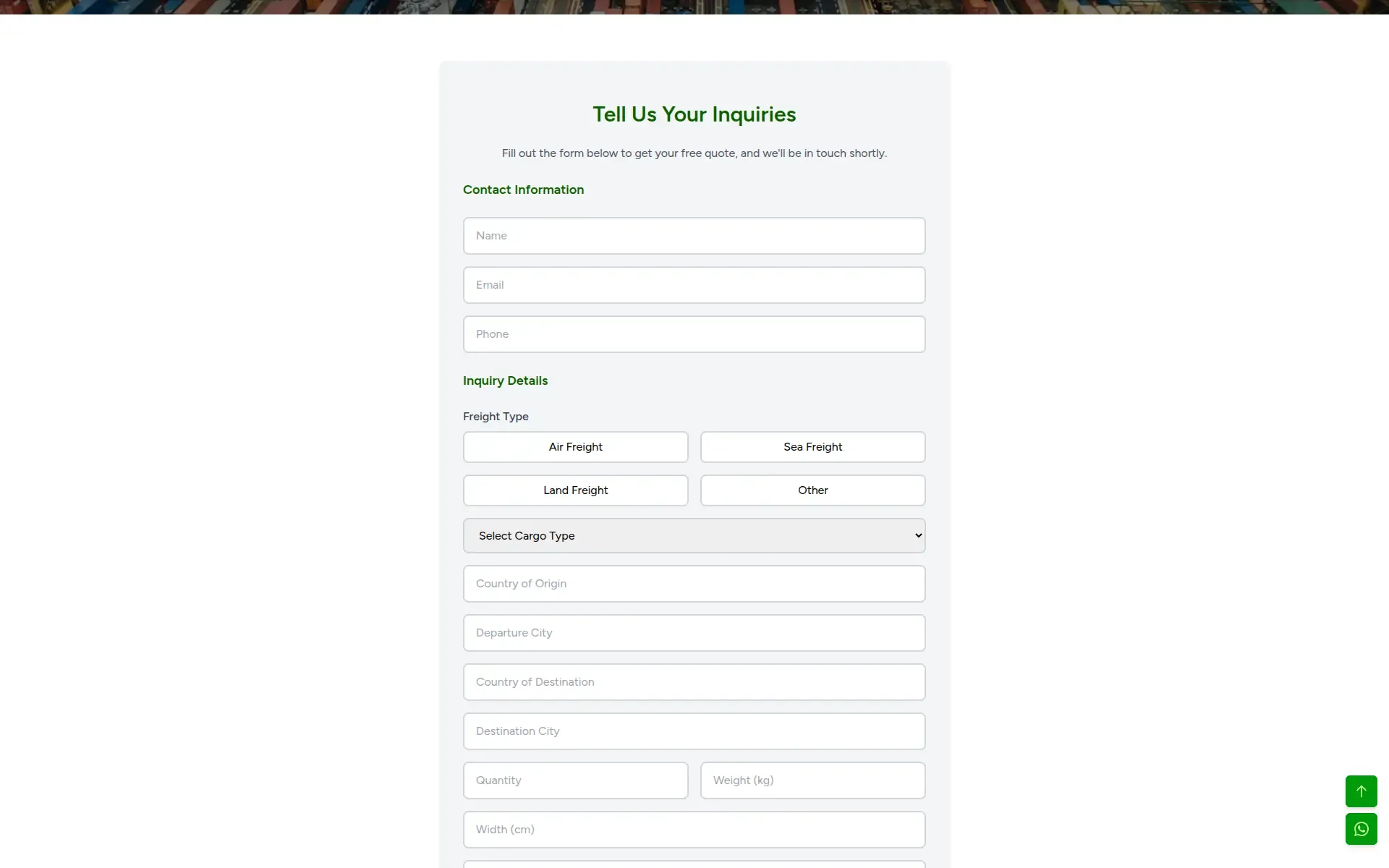 Quotation form with contact fields, freight type options, cargo type, and route fields