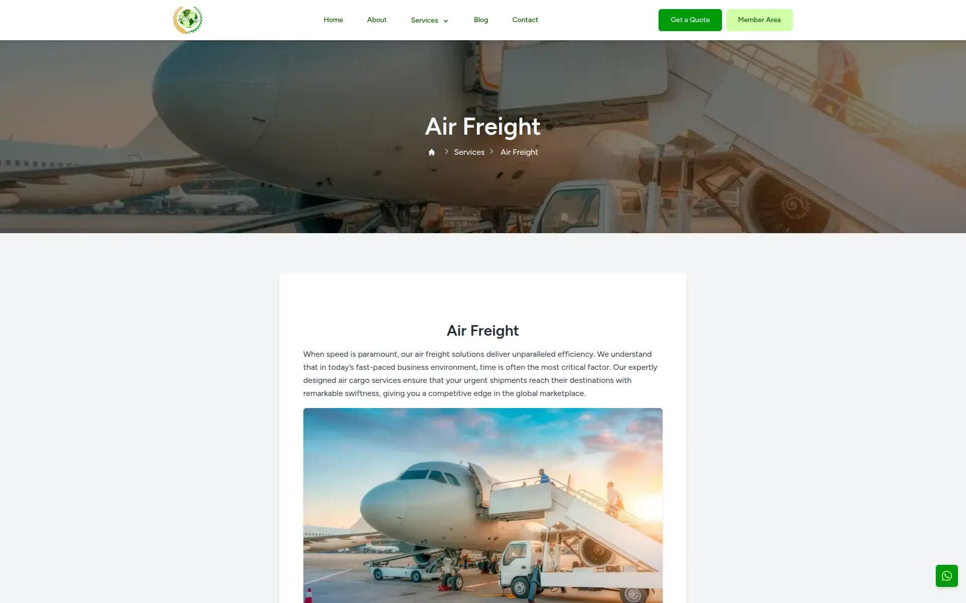 Air Freight service page with its description and a photo of a cargo aircraft