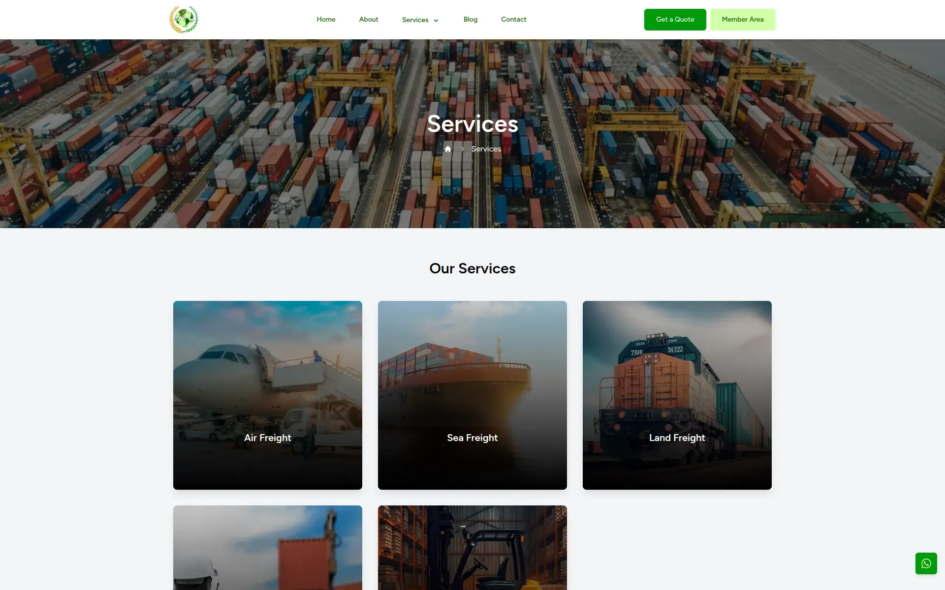 Services page with cards for air, sea, and land freight