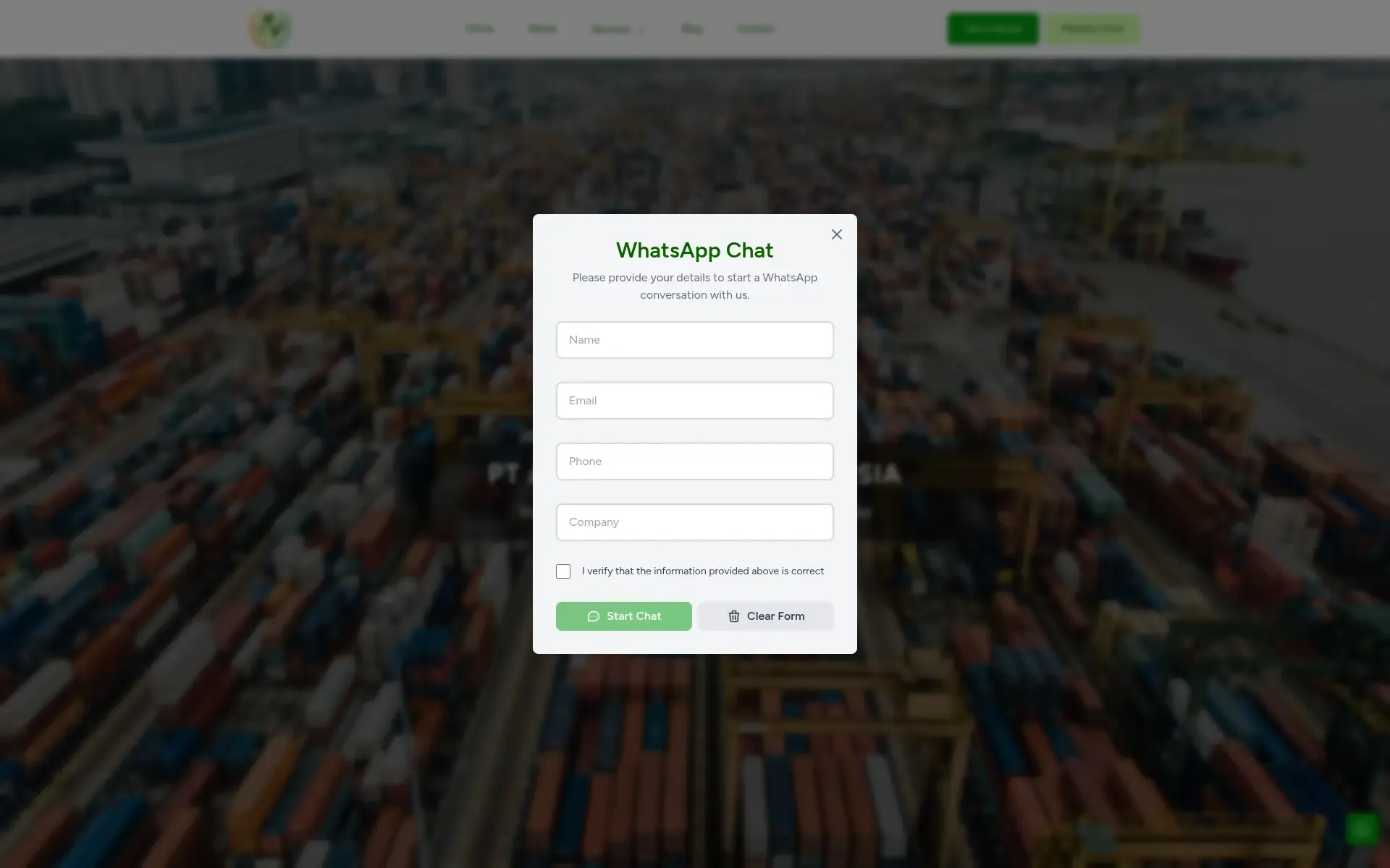 WhatsApp chat form over the homepage, asking for name, email, phone, and company