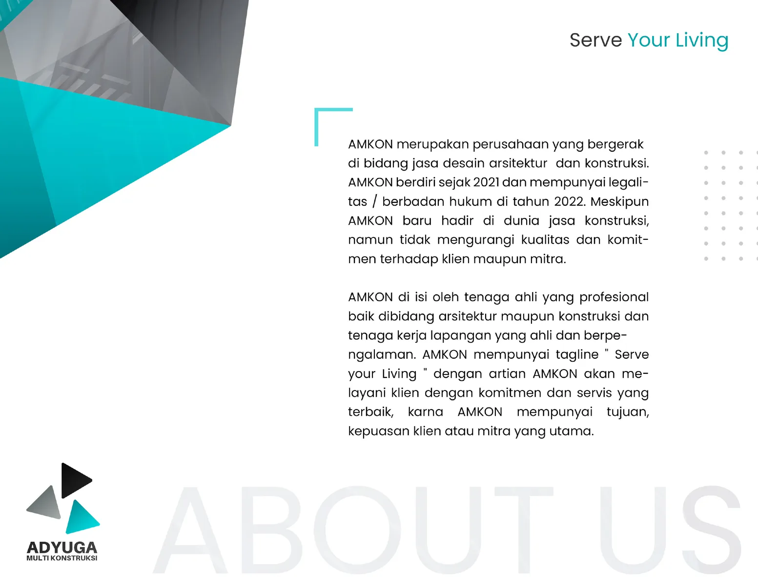Company profile page introducing AMKON as an architecture design and construction company