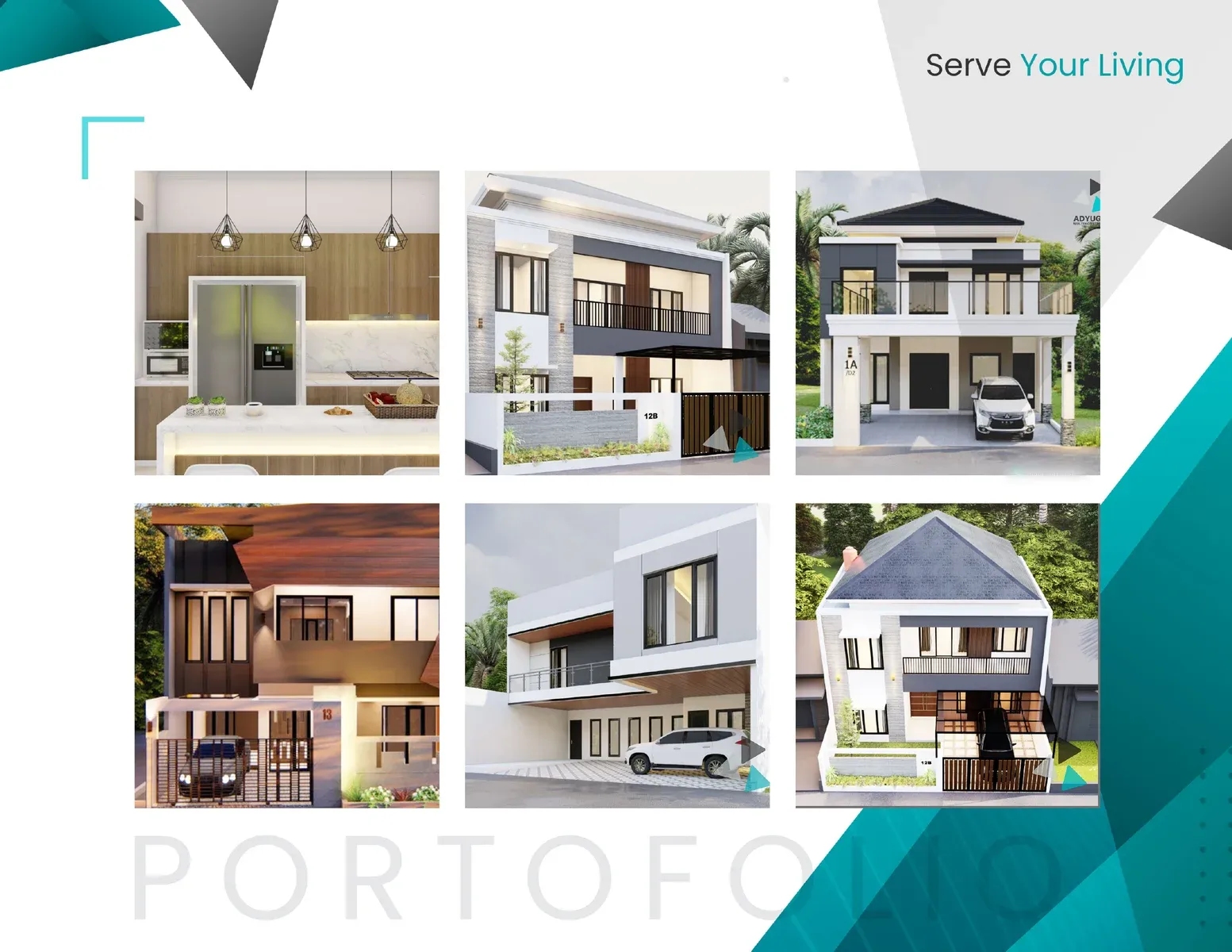 Company profile page showing six house and interior renders as a portfolio
