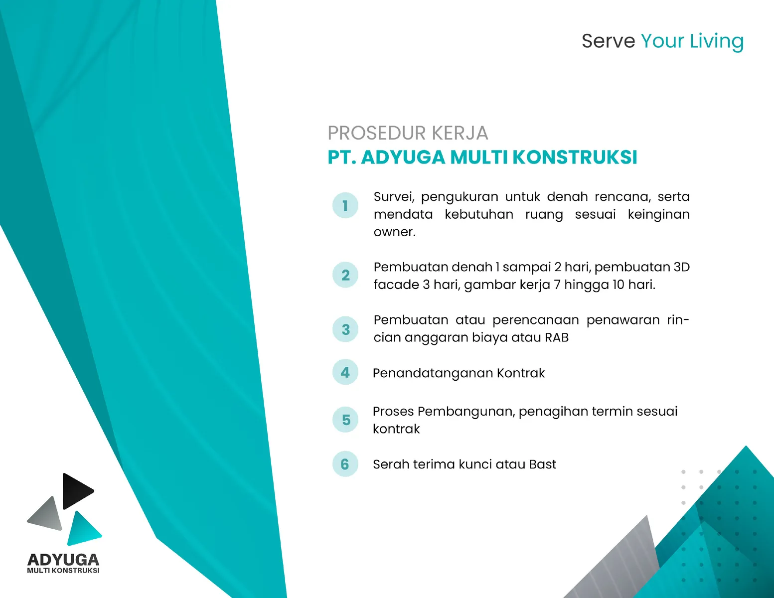 Company profile page setting out the six-step work procedure from survey to handover