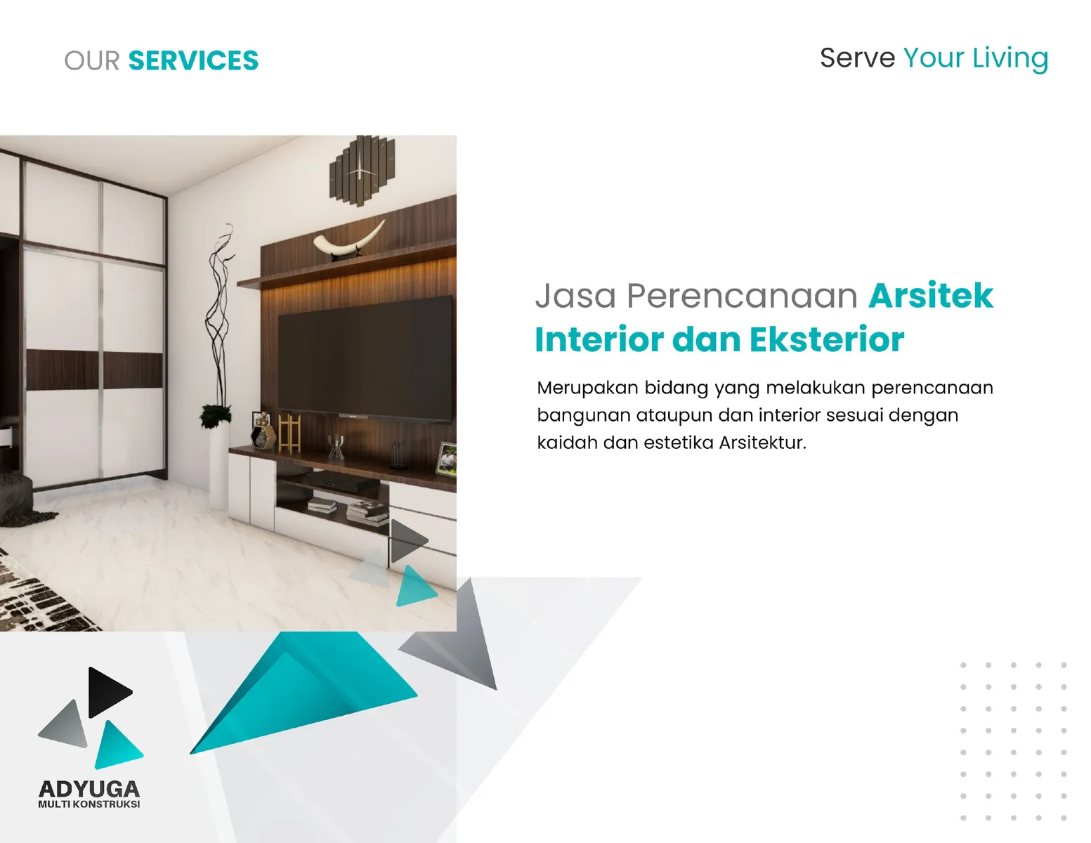 Company profile services page for architectural, interior, and exterior planning beside an interior render