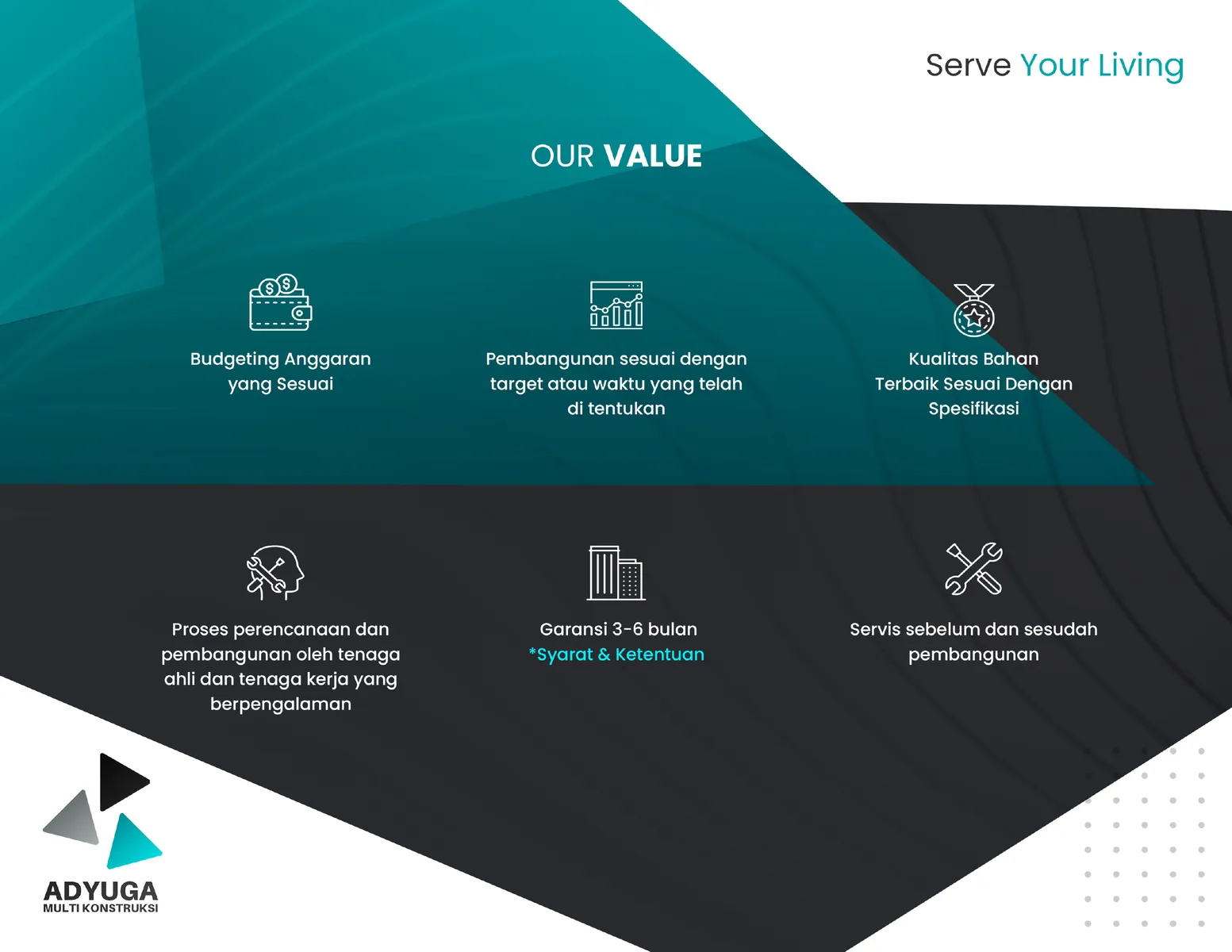 Company profile page listing six company values with icons