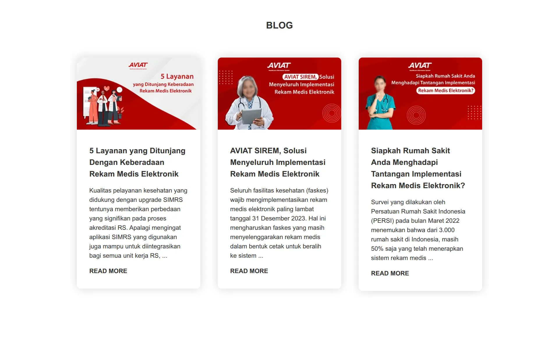 Homepage blog section with three article cards on electronic medical records