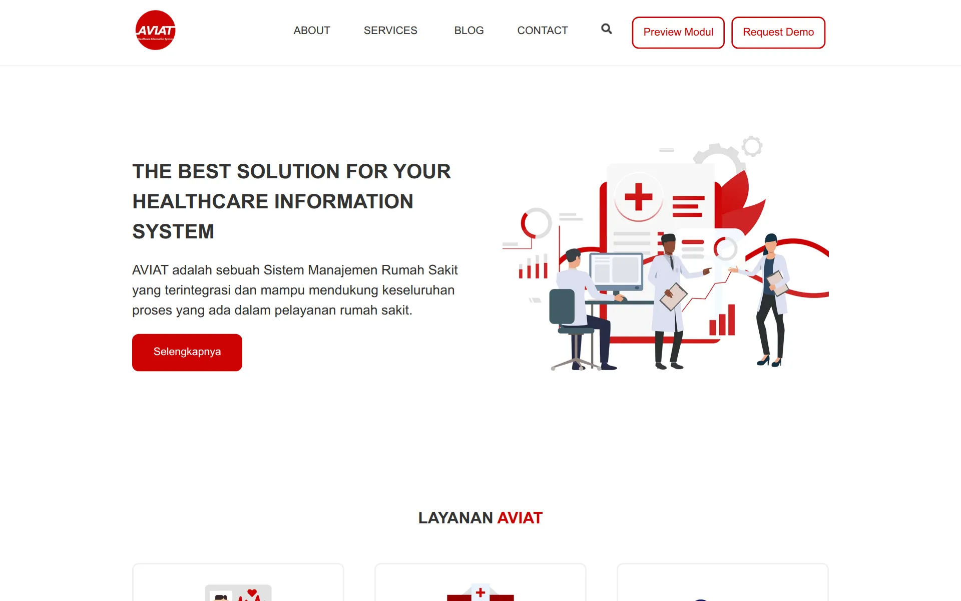 Aviat homepage hero introducing its hospital information system with an illustration