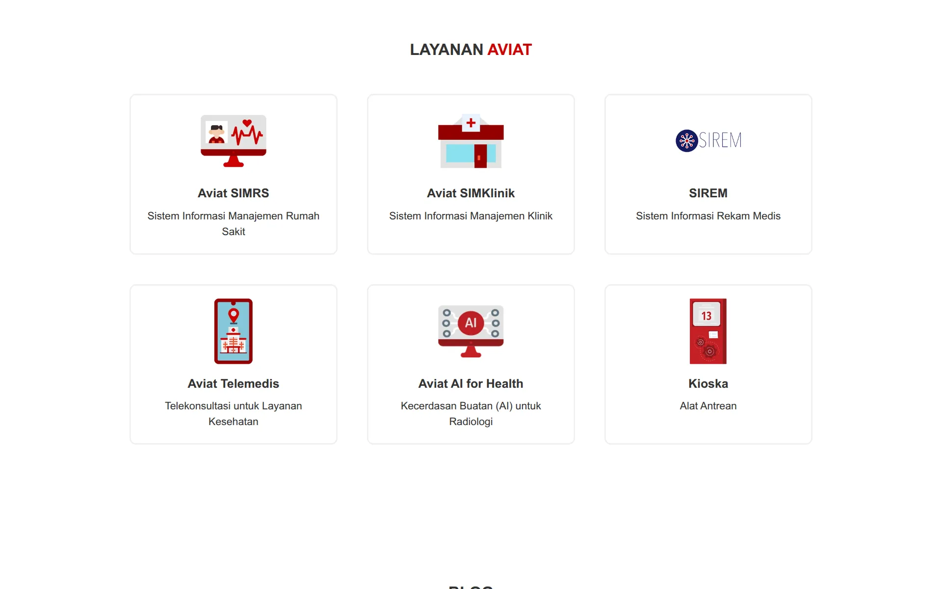Grid of six Aviat products, from SIMRS and SIMKlinik to Telemedis and Kioska