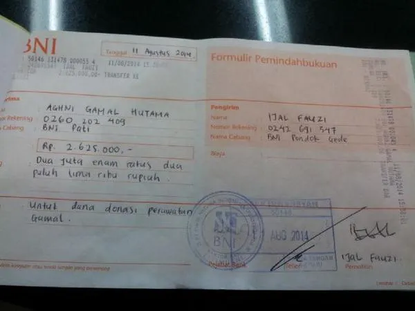 Bukti transfer donasi untuk penggalangan dana Ladida yang mengidap kanker kelenjar getah bening.