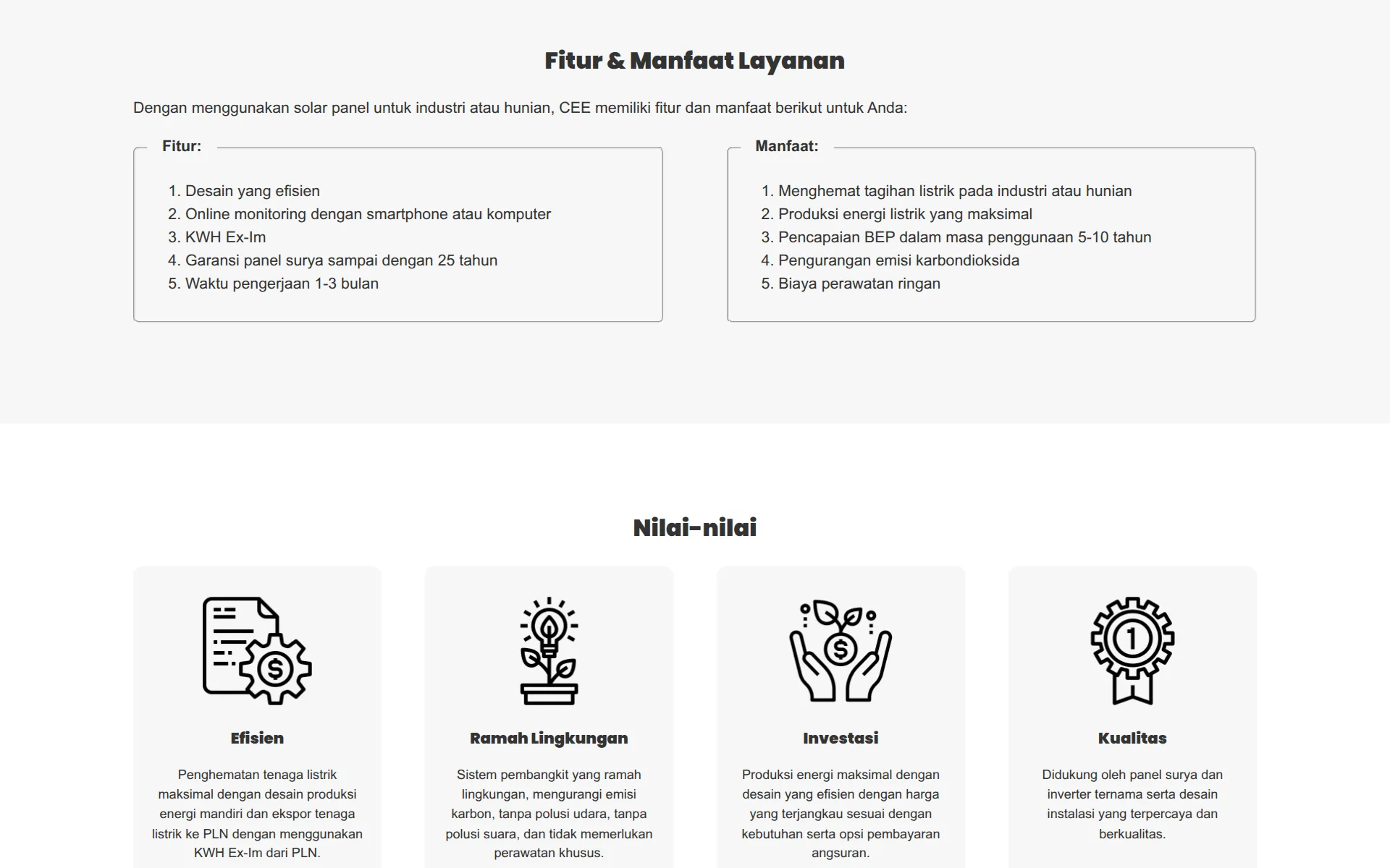 Service features and benefits above four company values