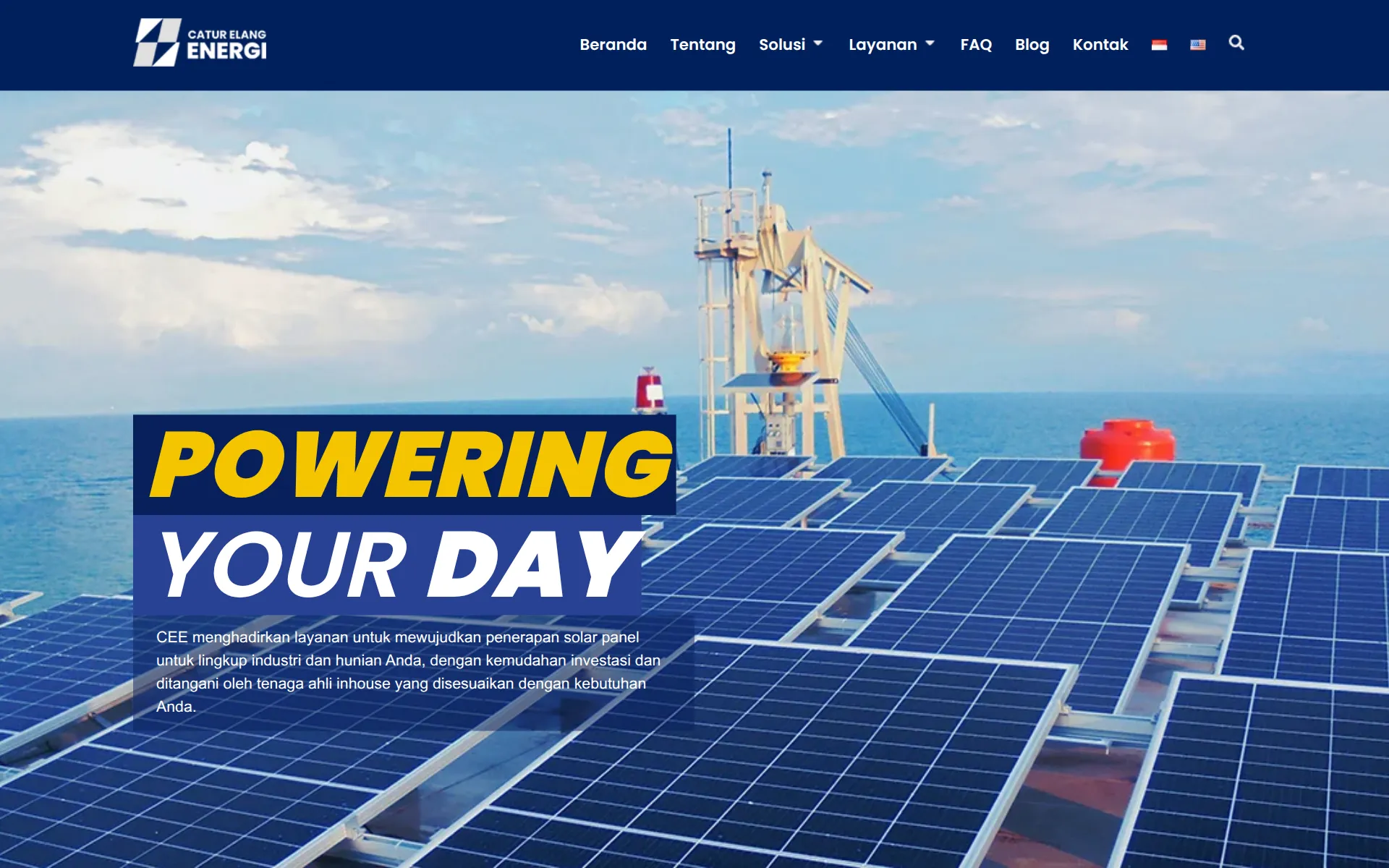 Catur Elang Energi homepage hero reading Powering Your Day over rooftop solar panels