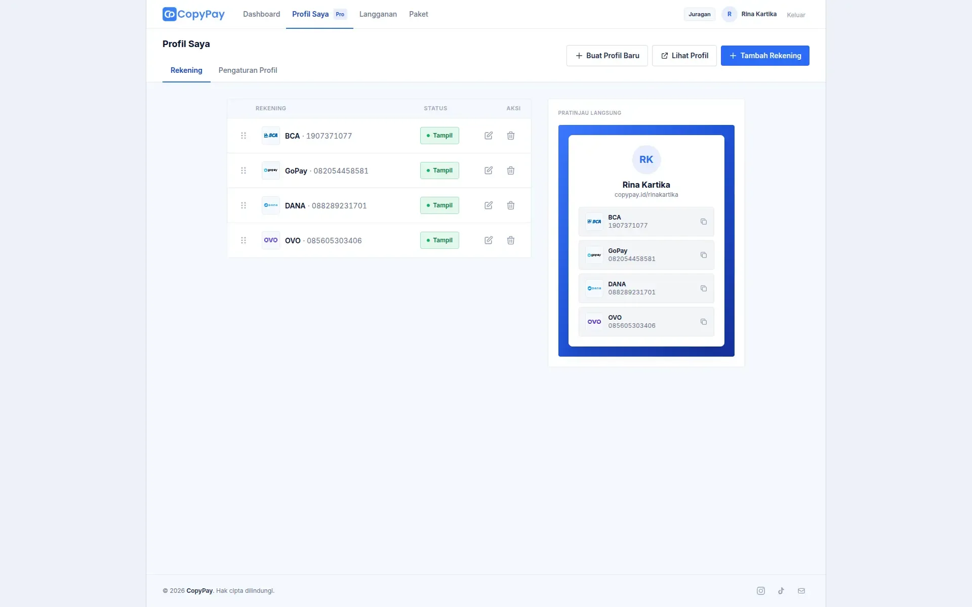 Profile editor listing payment accounts with visibility and edit controls beside a live preview