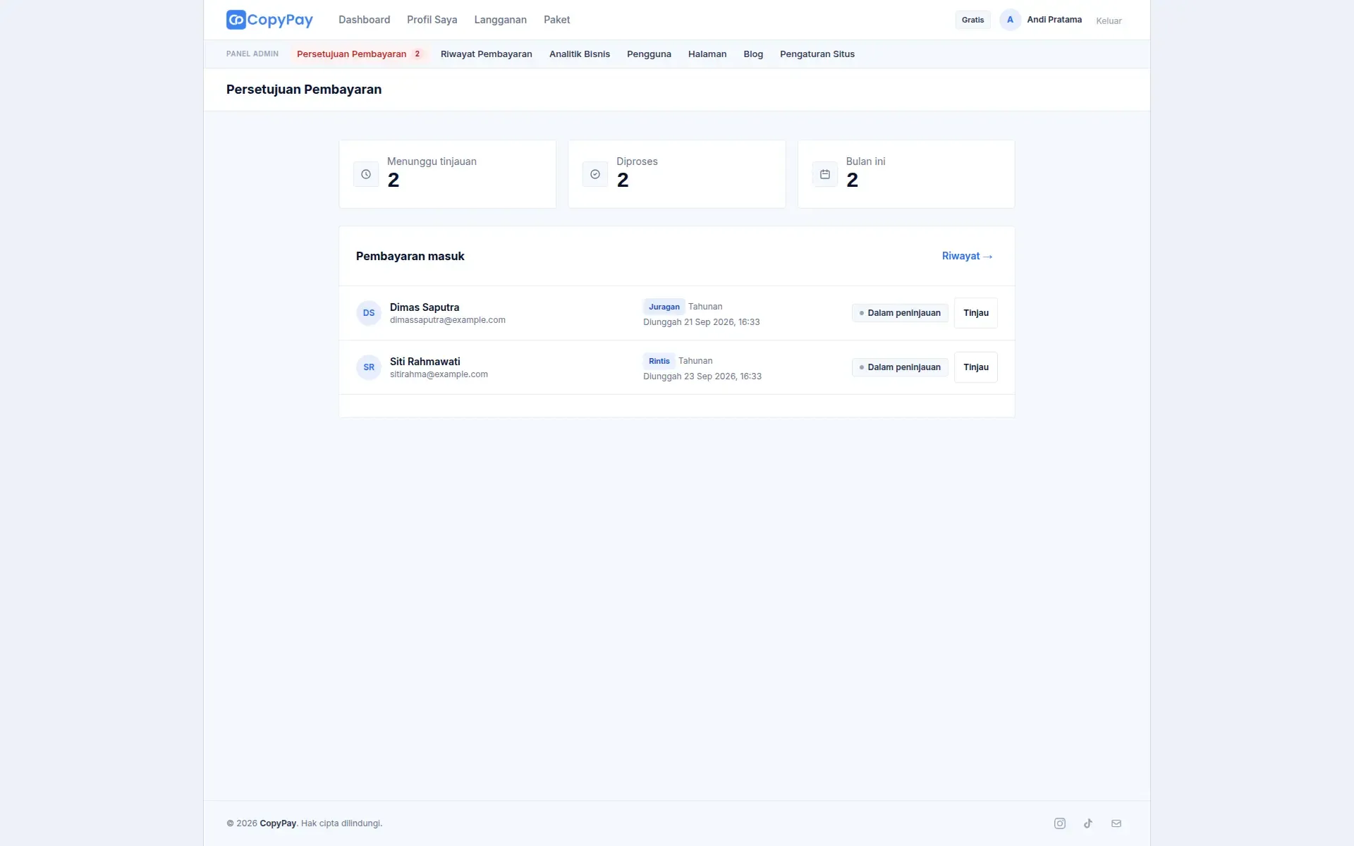 Admin payment approval queue listing uploaded payment proofs awaiting review