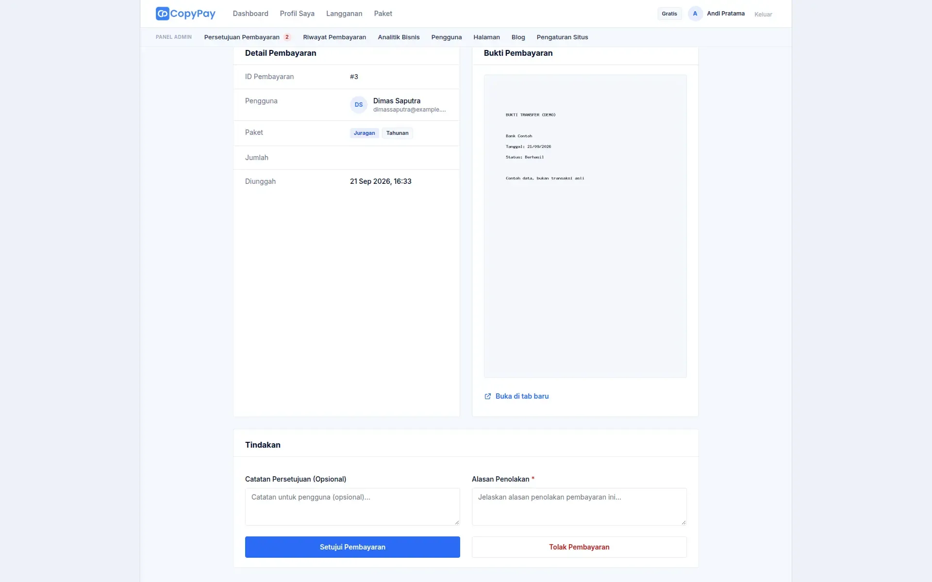 Admin review screen showing a payment's details beside the uploaded proof, above the approve and reject buttons