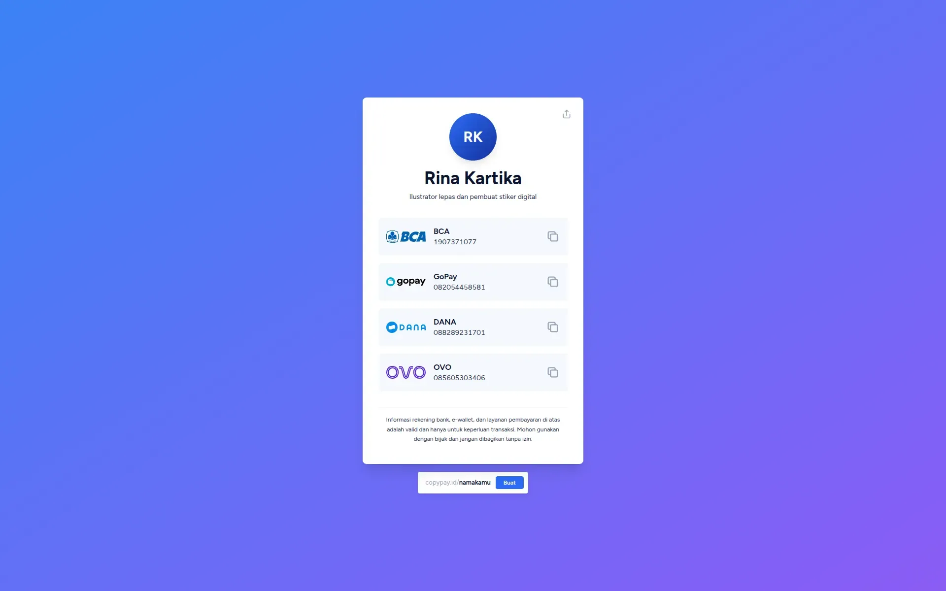 A public payment page listing BCA, GoPay, DANA, and OVO accounts, each with a copy button