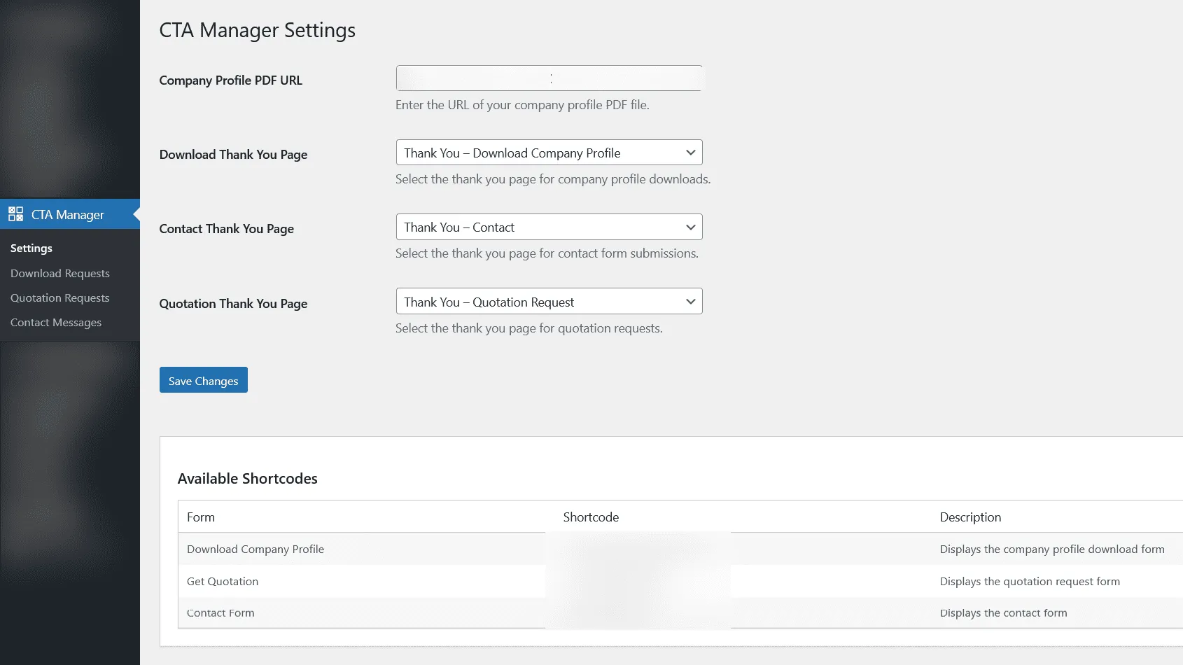 Settings dashboard of the Custom CTA Manager plugin with page redirection settings and the list of shortcodes