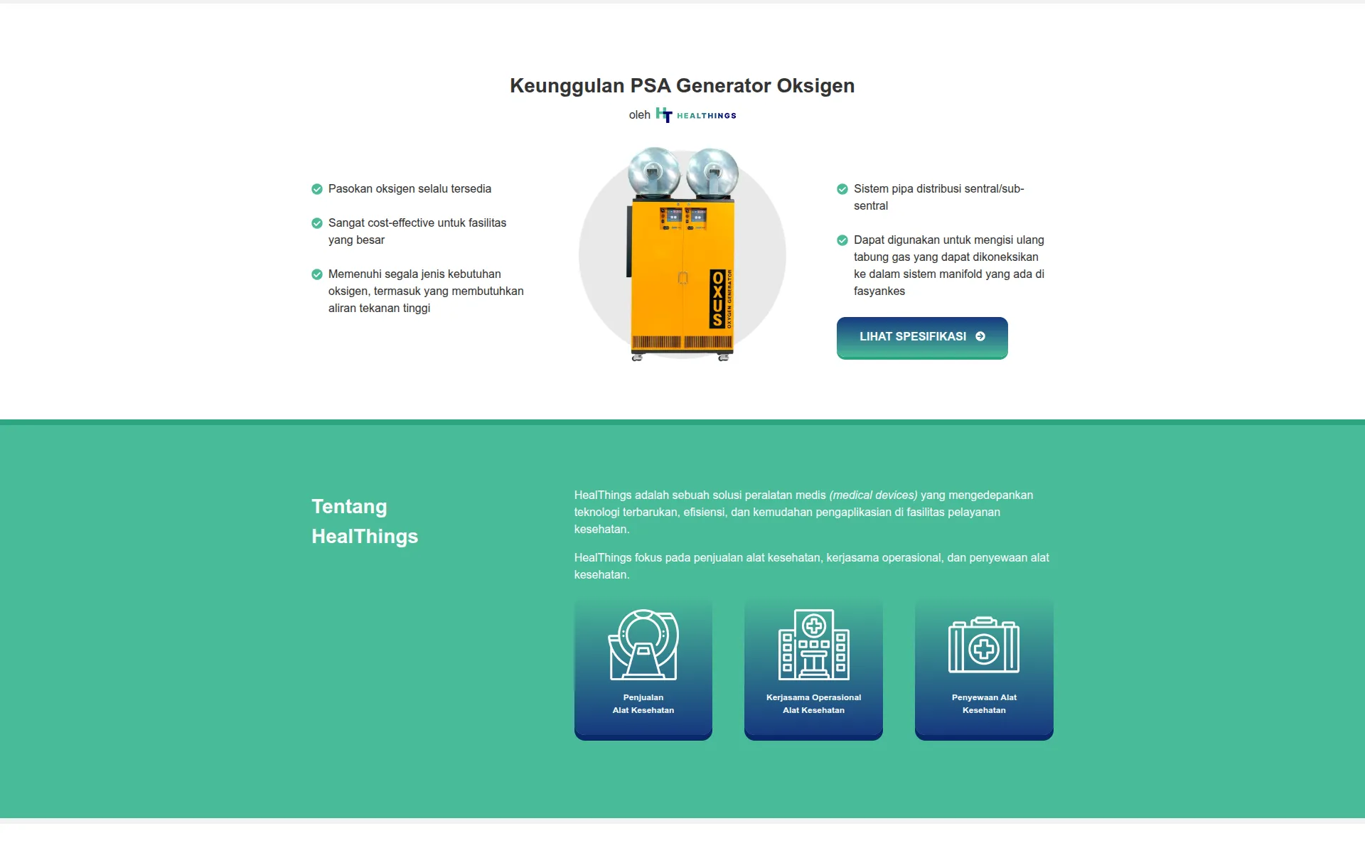Section listing the advantages of the PSA oxygen generator around a product photo, above the About HealThings band