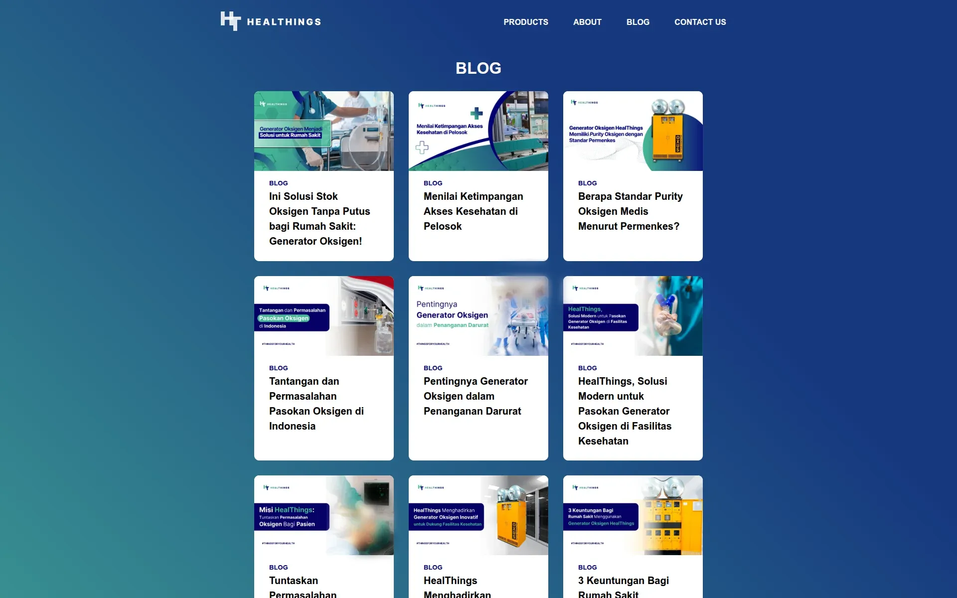 Blog index with a grid of article cards about oxygen supply for hospitals