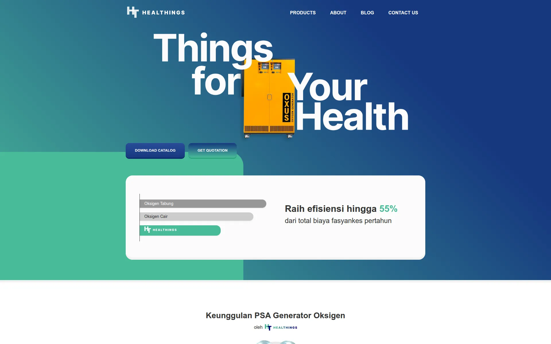 HealThings homepage hero with the headline Things for Your Health and a bar chart comparing oxygen supply costs