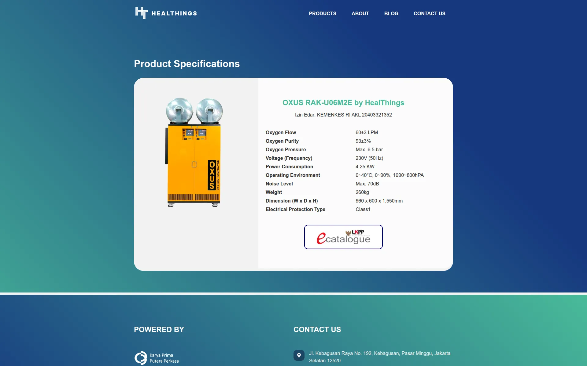 Product specification card for the OXUS RAK-U06M2E oxygen generator