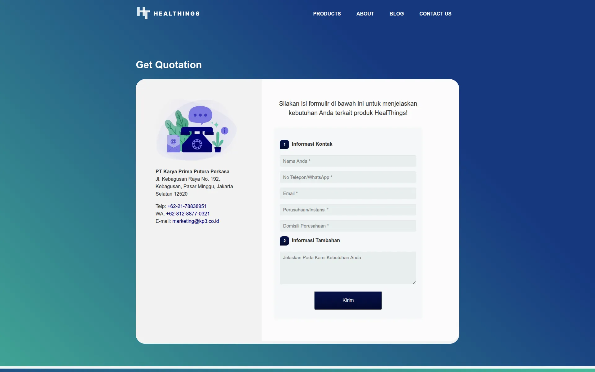 Get Quotation page with contact details beside a two-part request form