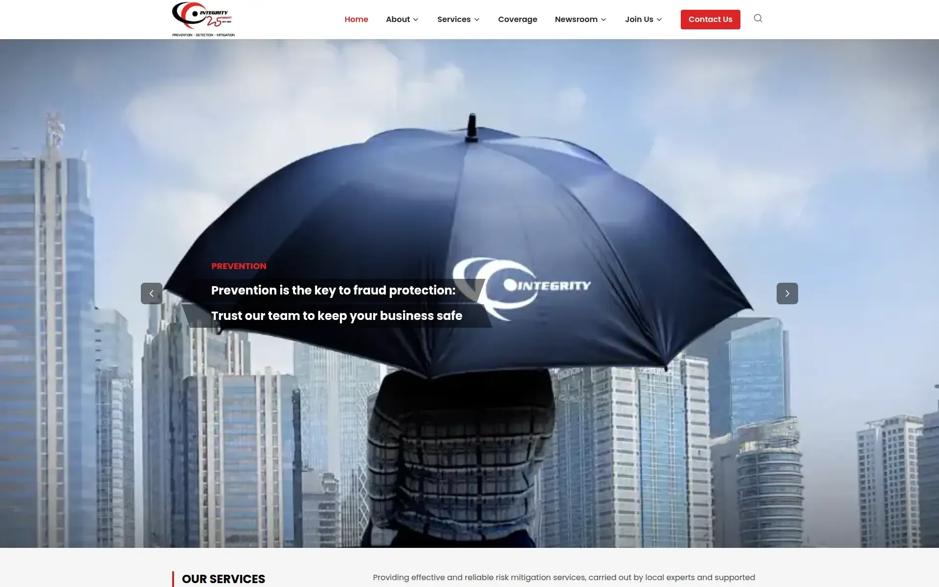 Integrity Asia homepage in English, with the hero slider, main navigation and Contact Us button