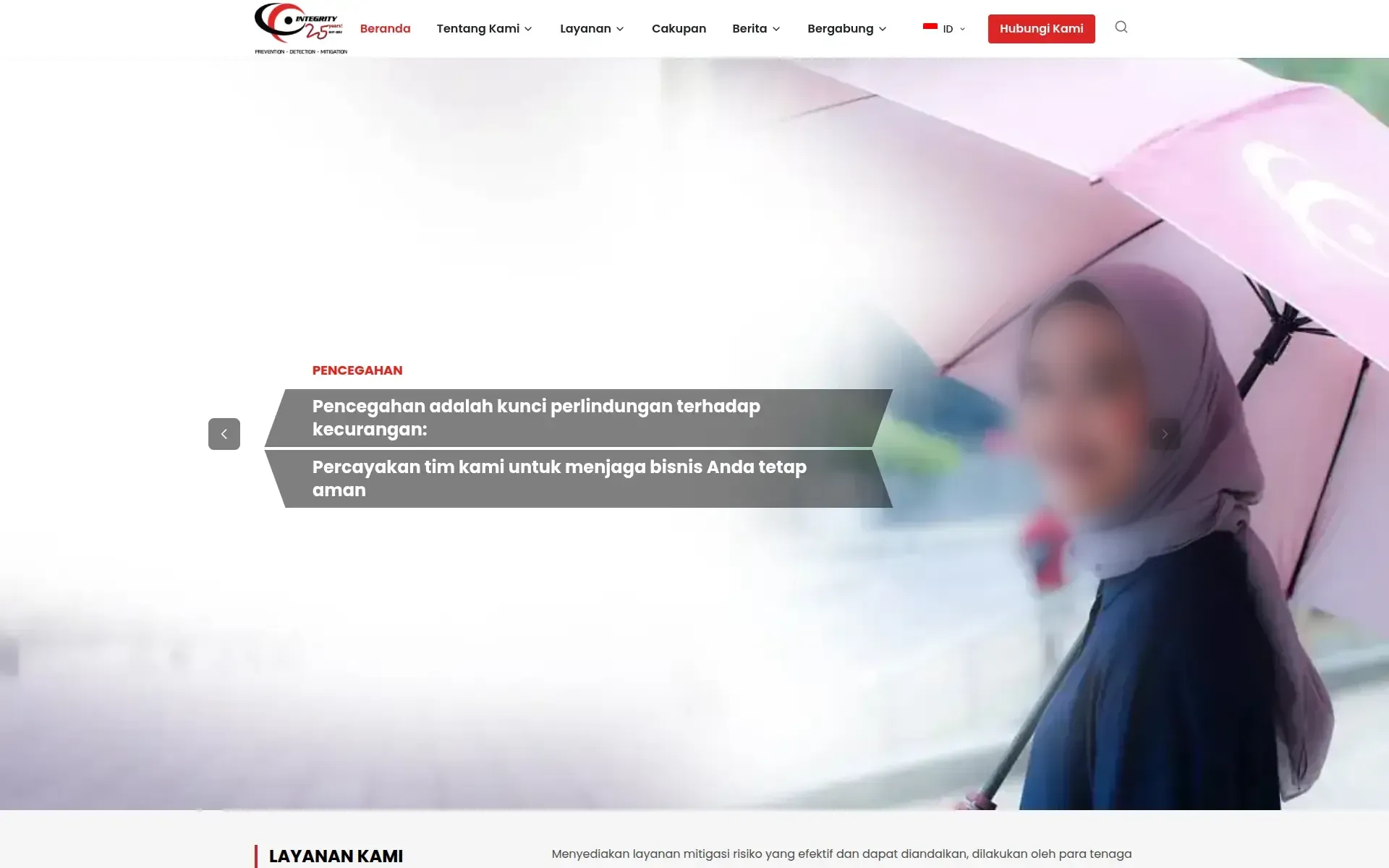 Integrity Indonesia homepage in Bahasa Indonesia, with the navigation and hero headline translated