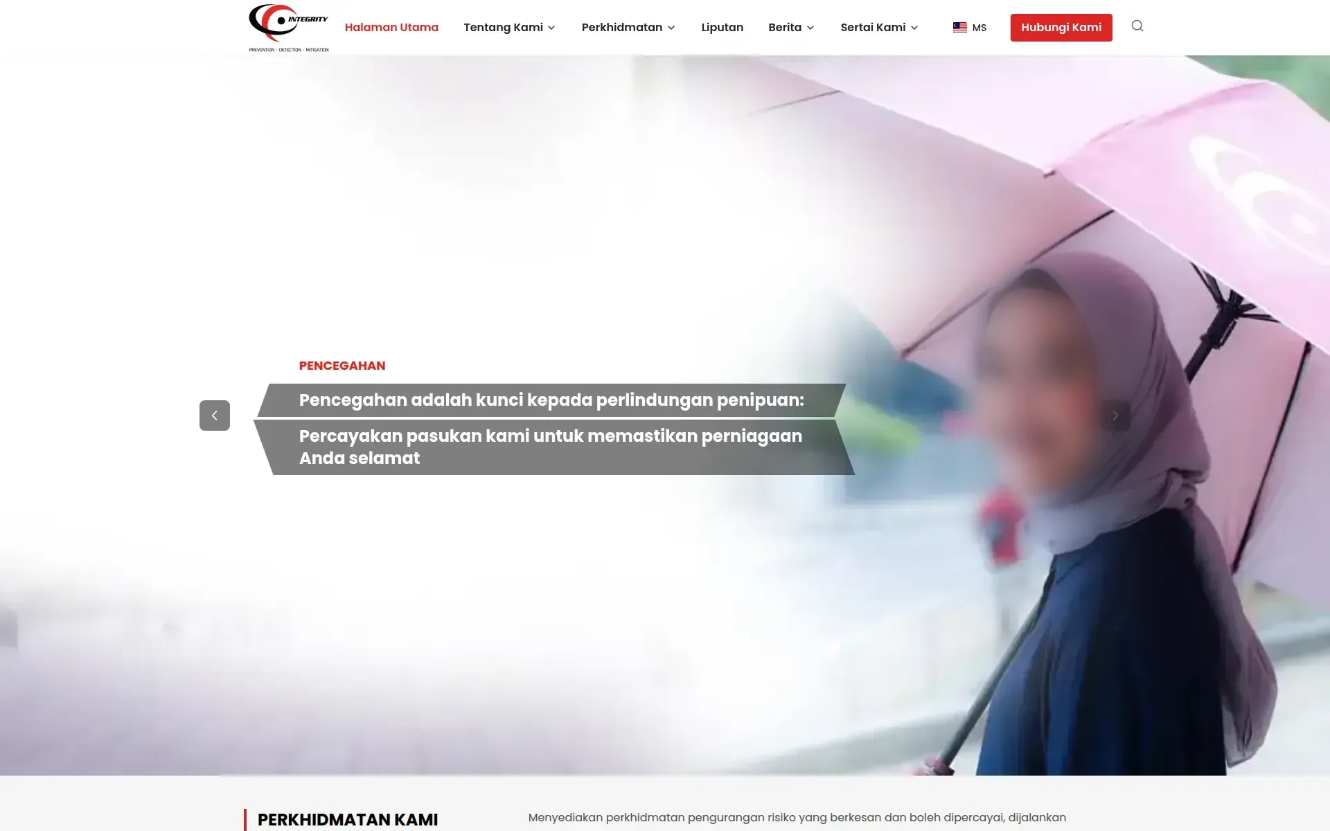Integrity Malaysia homepage in Bahasa Melayu, with the navigation and hero headline translated