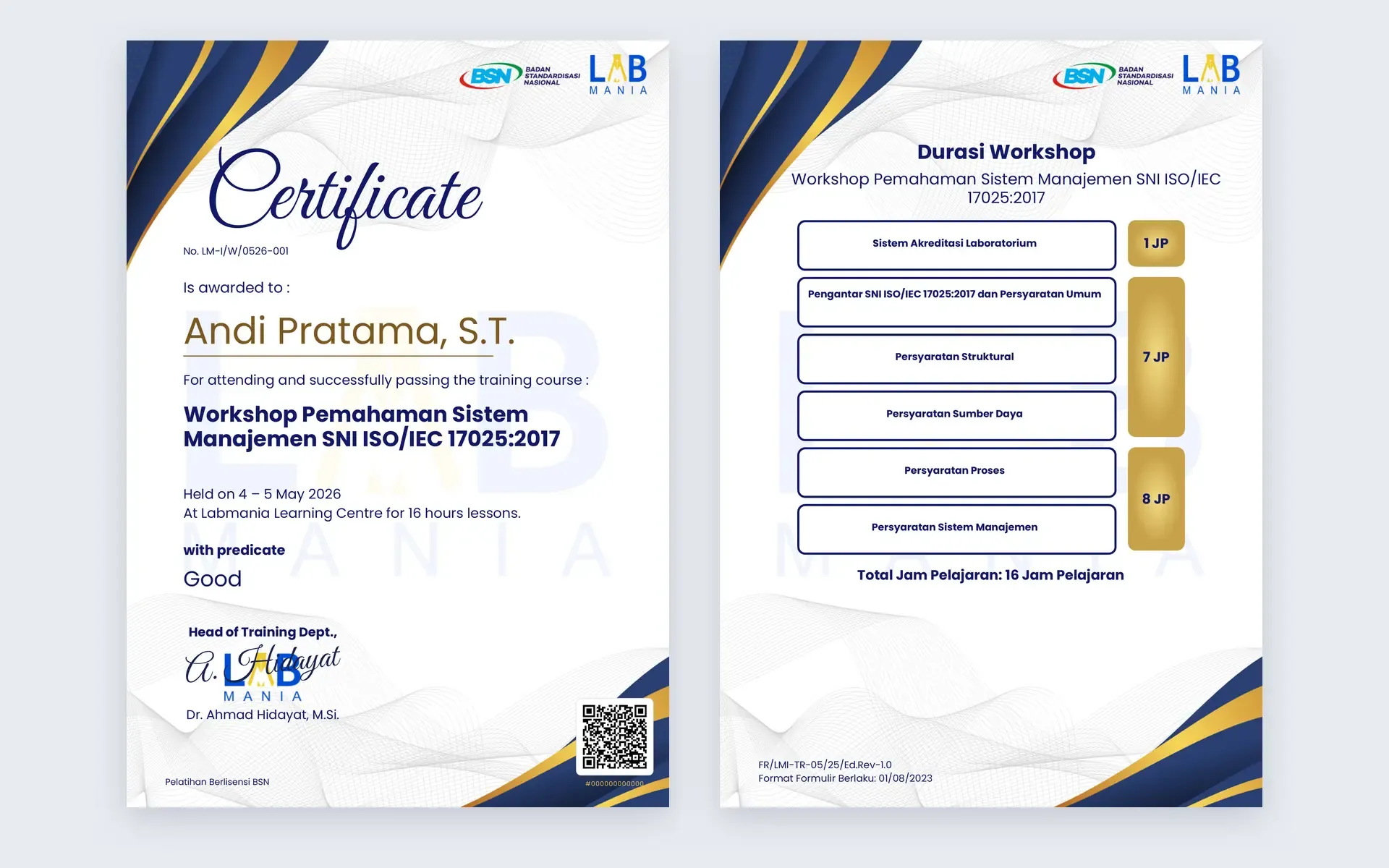 Portrait BSN-licensed certificate beside its second page, which lists the workshop topics and their lesson hours