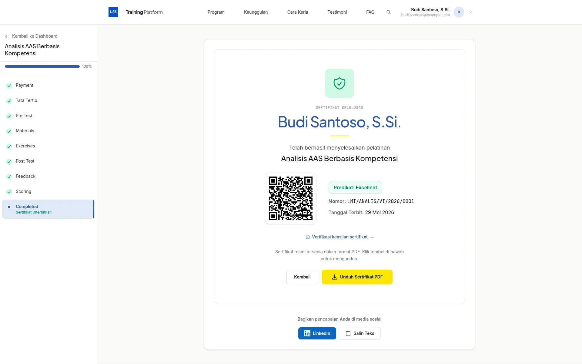 Completed training showing the certificate with its QR code, grade and certificate number