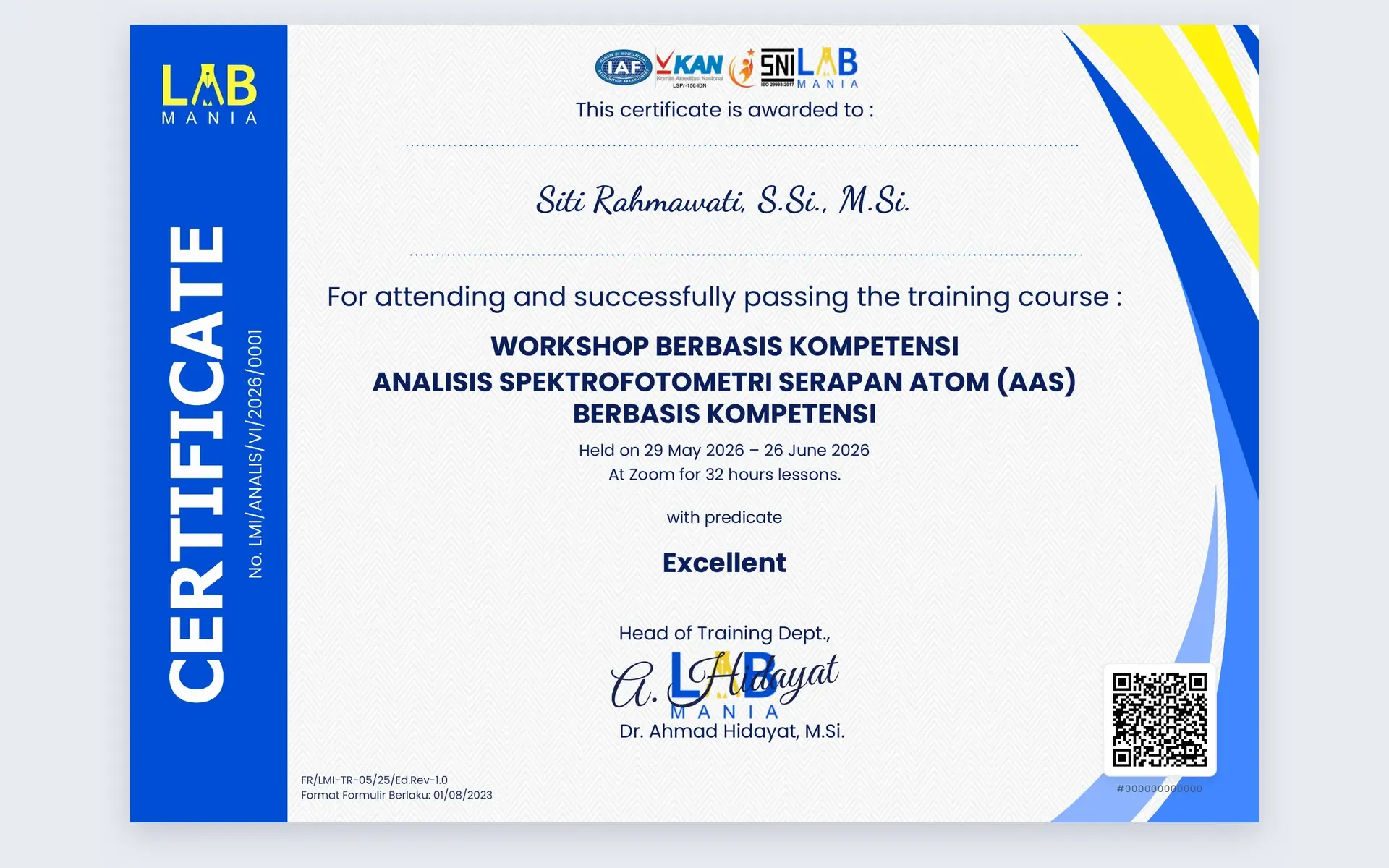 Landscape Labmania training certificate in its licensed variant, with the IAF, KAN and SNI marks above the participant name