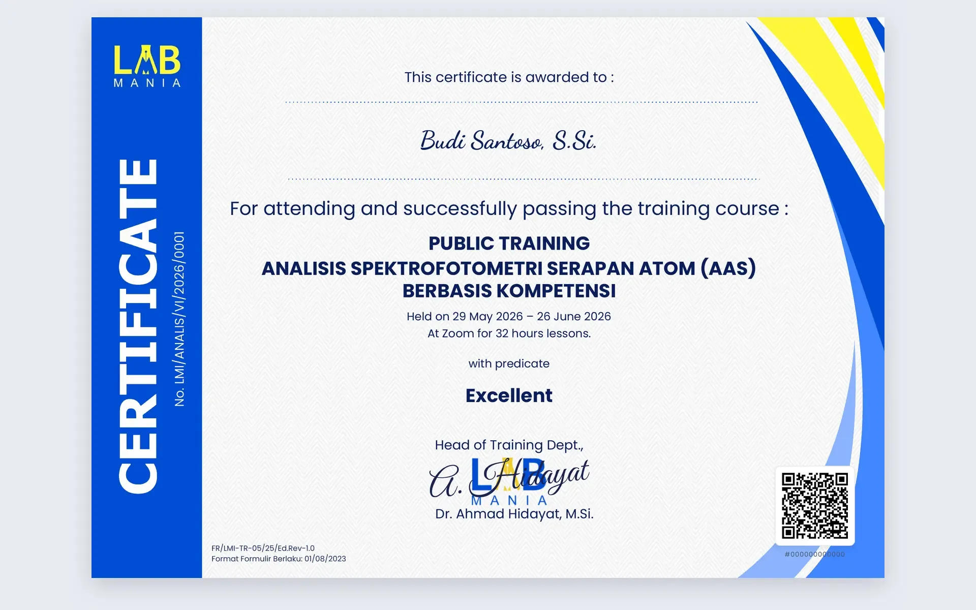 Landscape Labmania training certificate with the participant name, course title, predicate, signatory and QR code