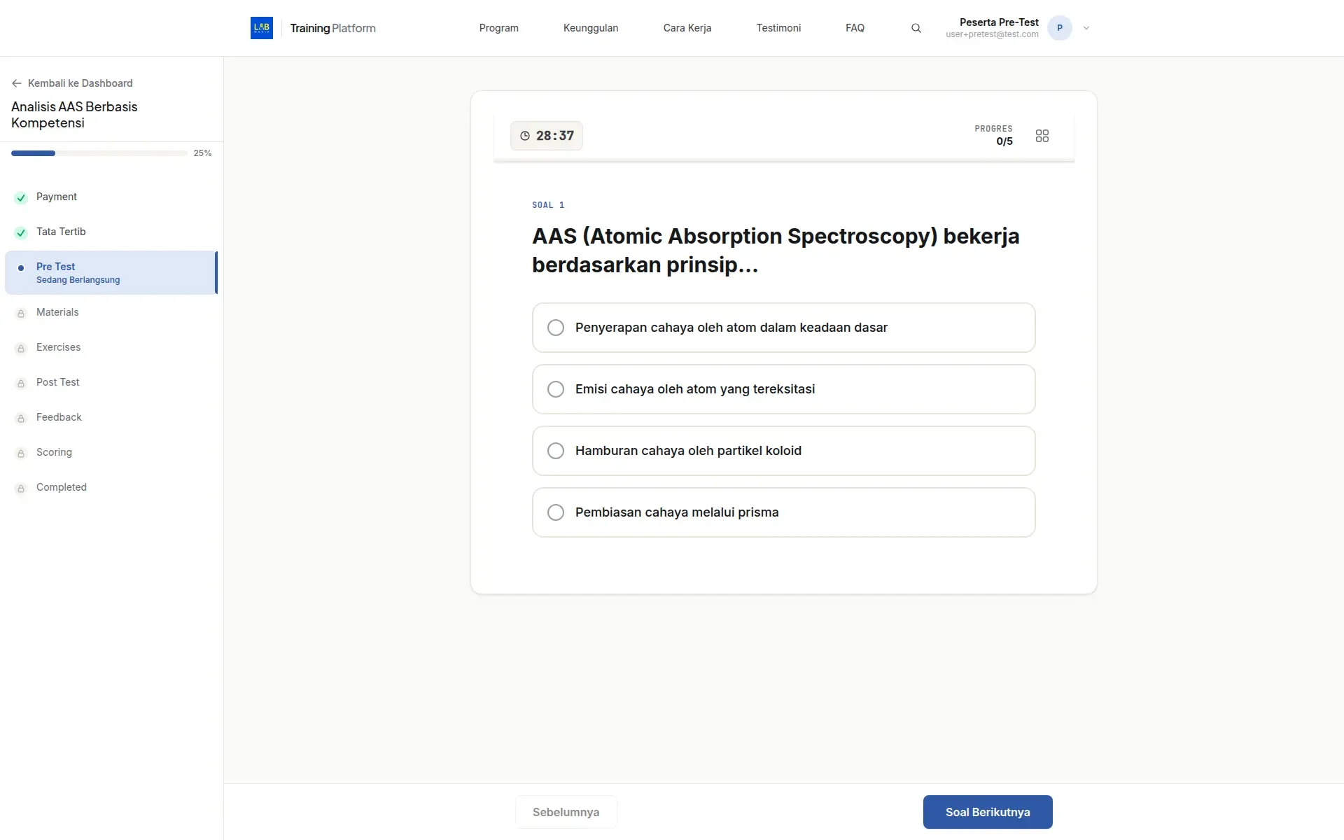 Pre-test question with a countdown timer, progress counter and multiple-choice answers