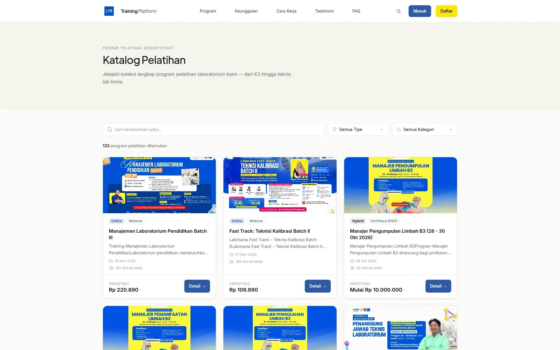 Labmania training catalogue with search, type and category filters, and course cards