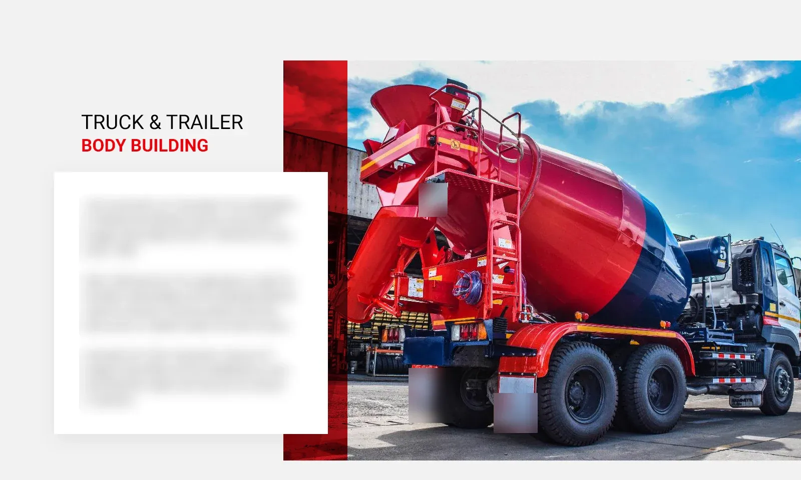 Truck and Trailer Body Building section with a red and blue concrete mixer truck