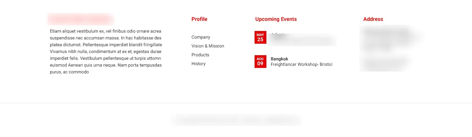 Footer with company text, profile links, upcoming events, and an address