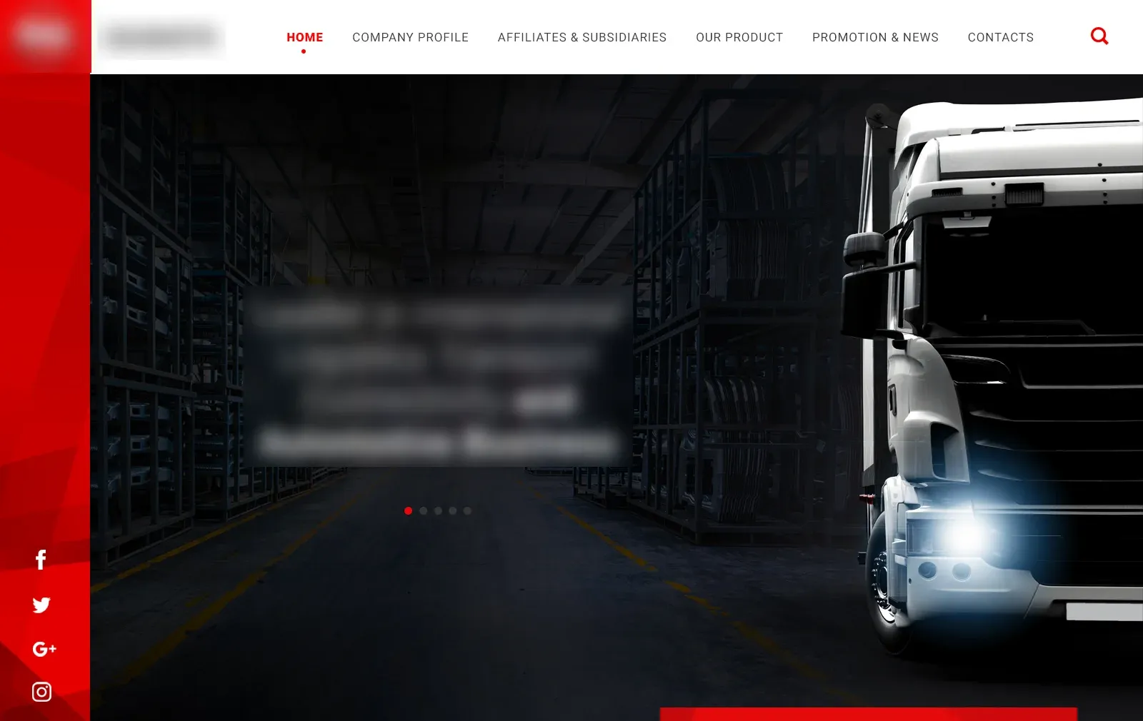 Header navigation above a dark hero with a truck headlight and a slider