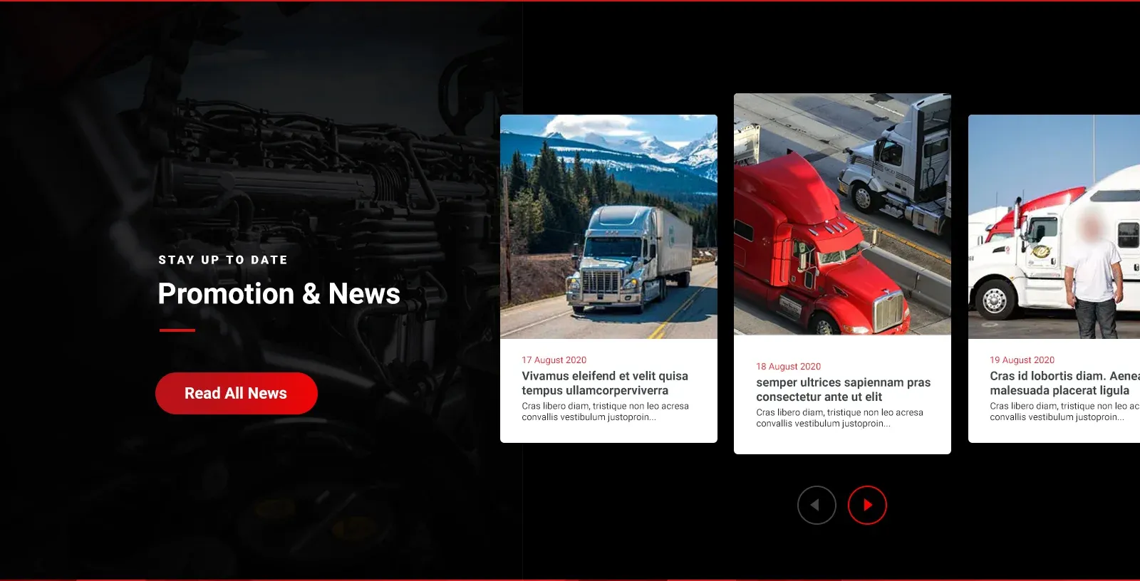 Promotion and News section with three news cards showing truck photos