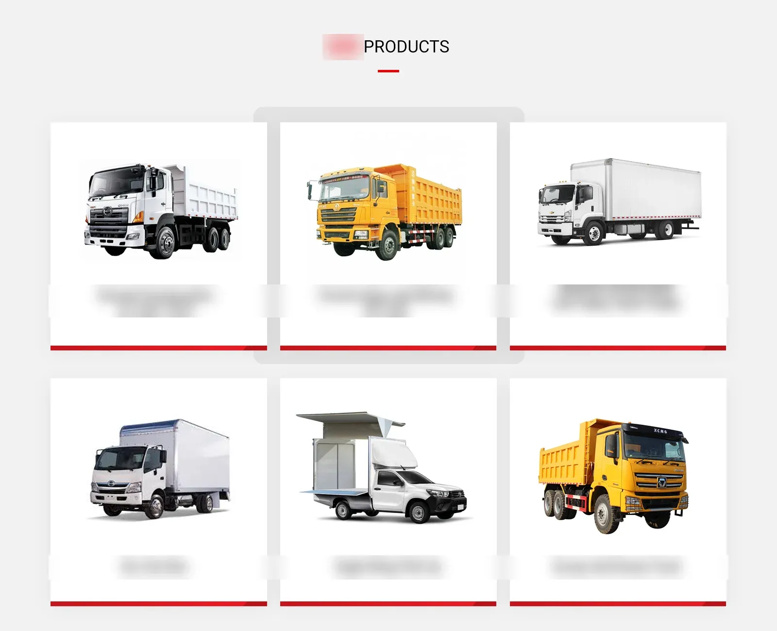 Product grid of six truck body types, from dump trucks to a van box and a wing pick-up