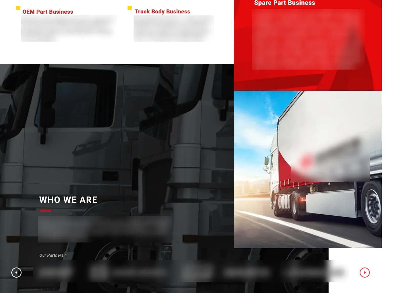 Three business unit summaries beside a Who We Are panel over a truck photo, with a row of partner logos