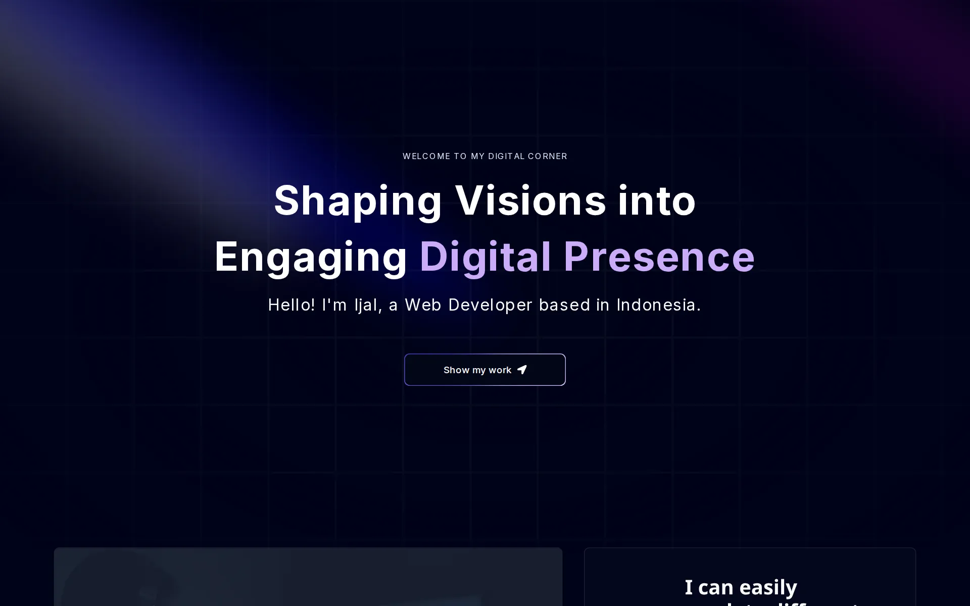 Dark hero with the headline Shaping Visions into Engaging Digital Presence and a Show my work button