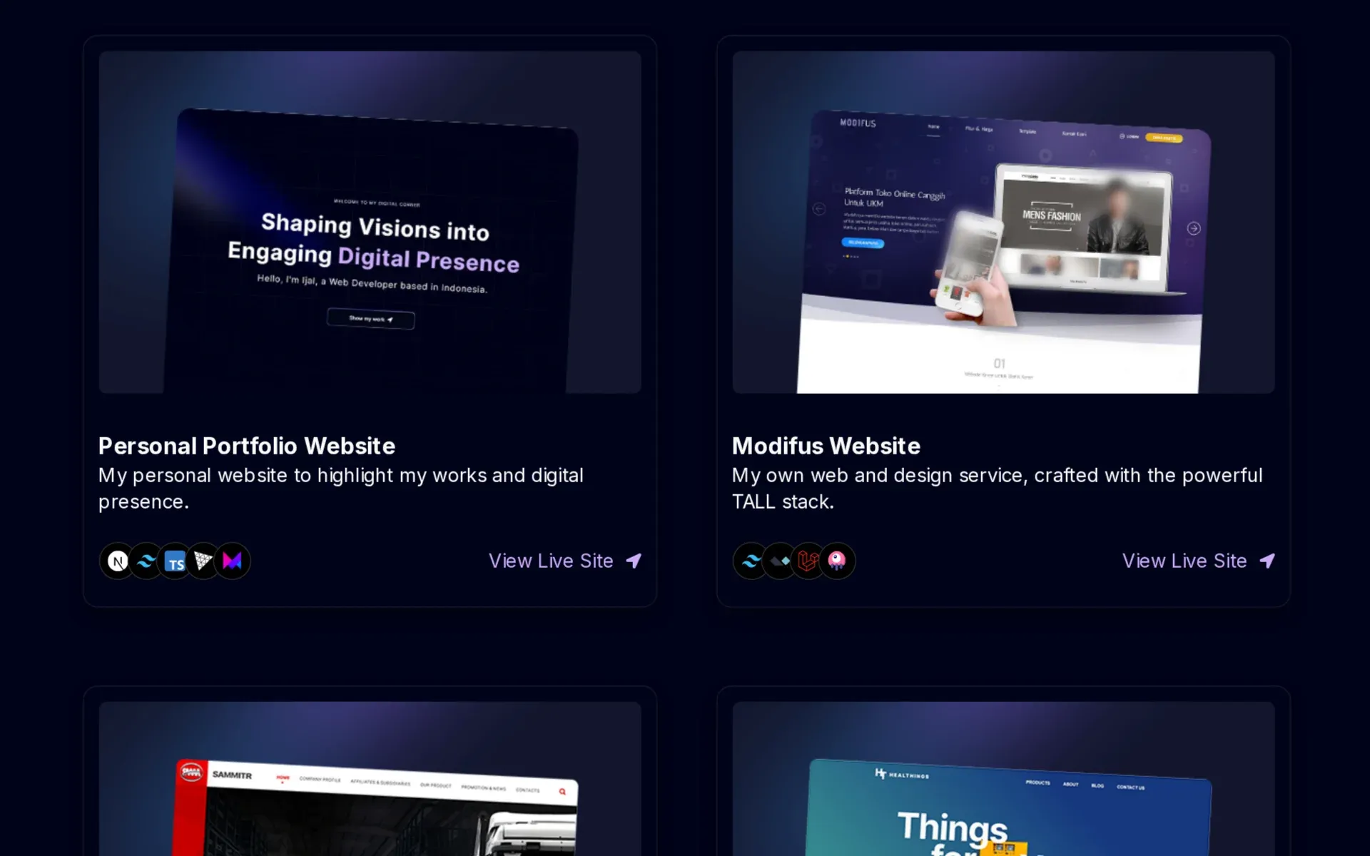 Project cards for the portfolio itself and Modifus, each with stack icons and a live site link